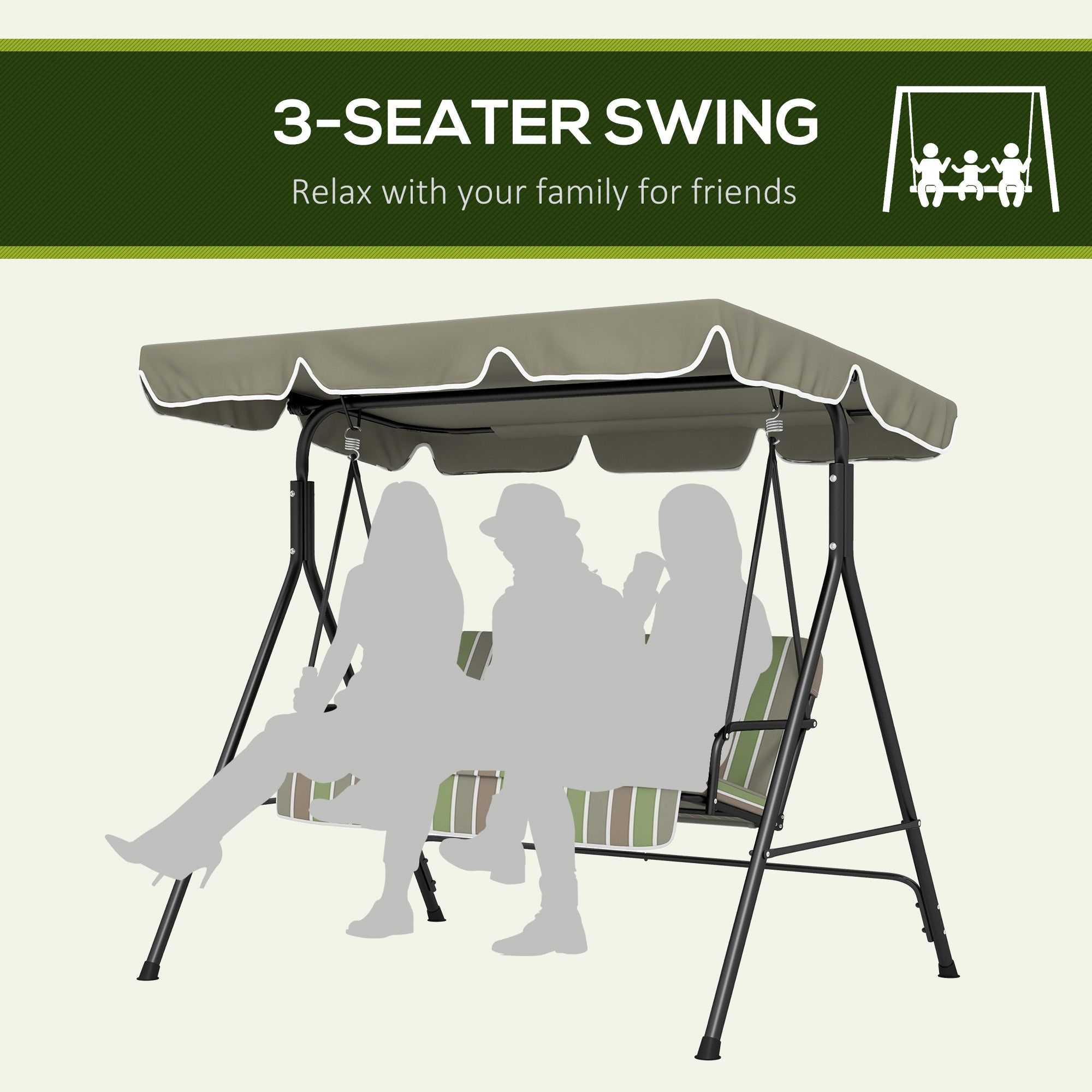 Outsunny 3-Seat Patio Swing Chair, Outdoor Porch Swing Glider with Adjustable Canopy, Removable Cushion, and Weather Resistant Steel Frame, for Garden, Poolside, Backyard, Green