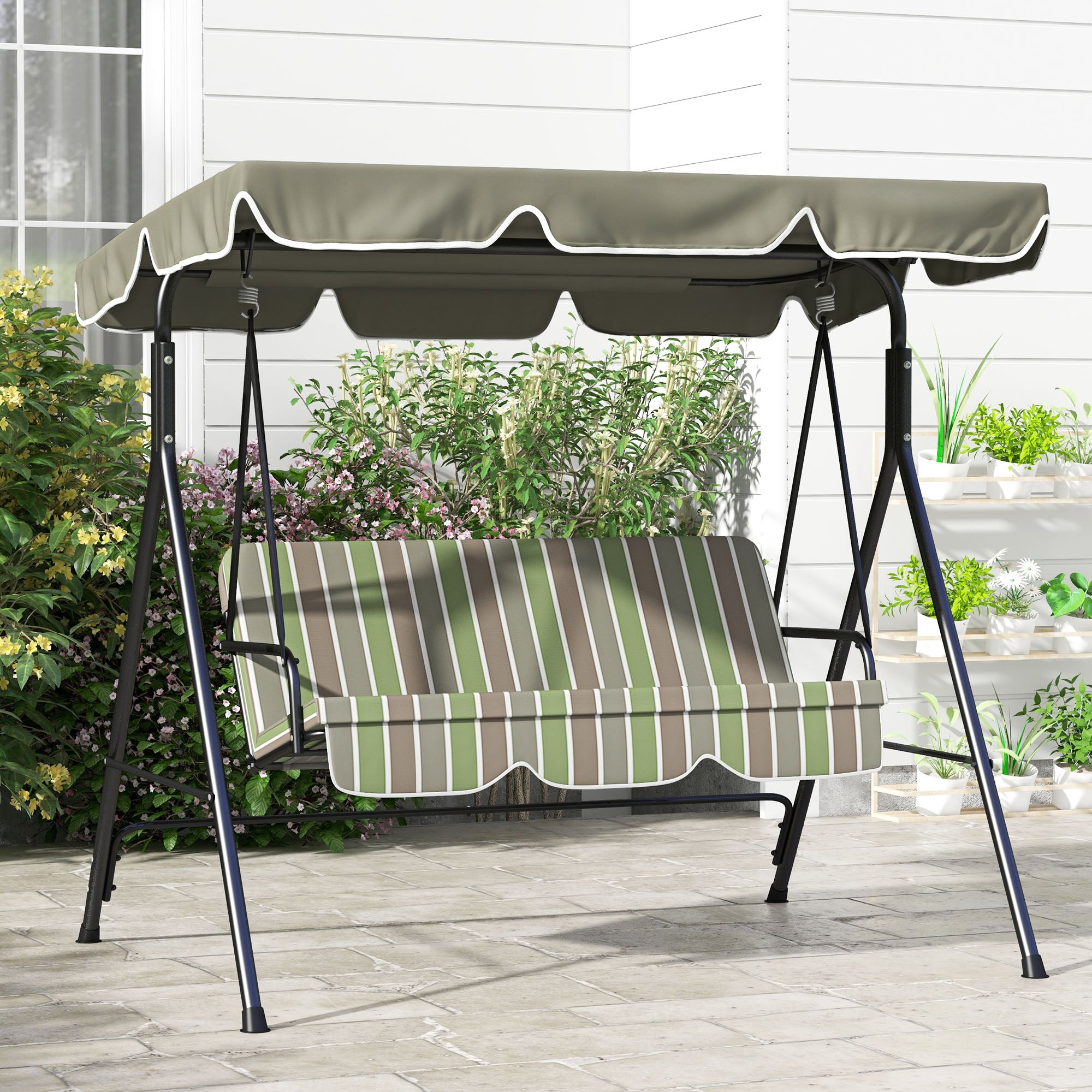 Outsunny 3-Seat Patio Swing Chair, Outdoor Porch Swing Glider with Adjustable Canopy, Removable Cushion, and Weather Resistant Steel Frame, for Garden, Poolside, Backyard, Green