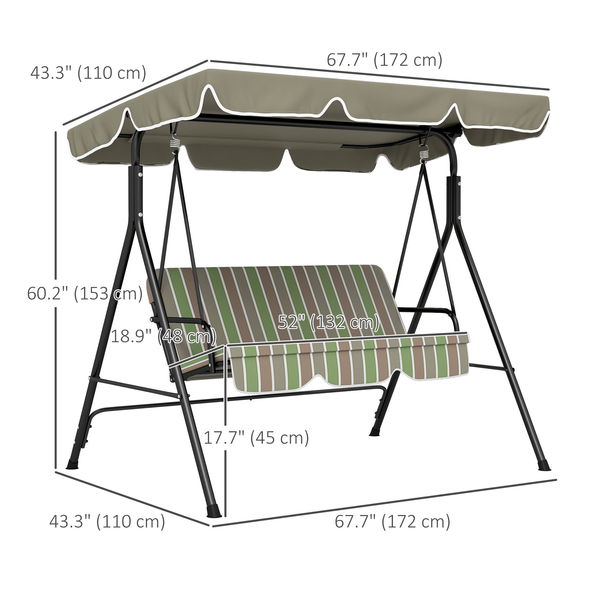 Outsunny 3-Seat Patio Swing Chair, Outdoor Porch Swing Glider with Adjustable Canopy, Removable Cushion, and Weather Resistant Steel Frame, for Garden, Poolside, Backyard, Green