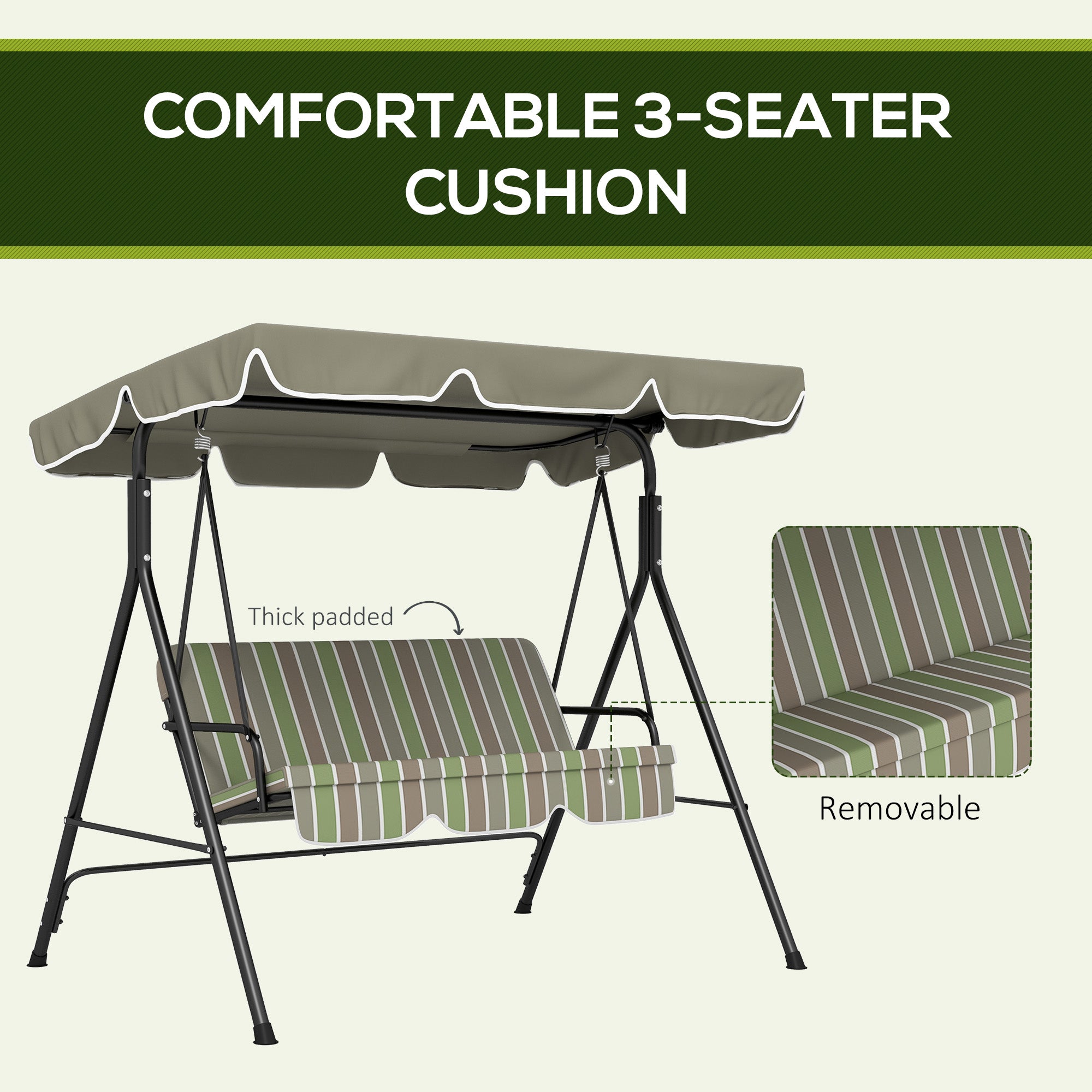 Outsunny 3-Seat Patio Swing Chair, Outdoor Porch Swing Glider with Adjustable Canopy, Removable Cushion, and Weather Resistant Steel Frame, for Garden, Poolside, Backyard, Green