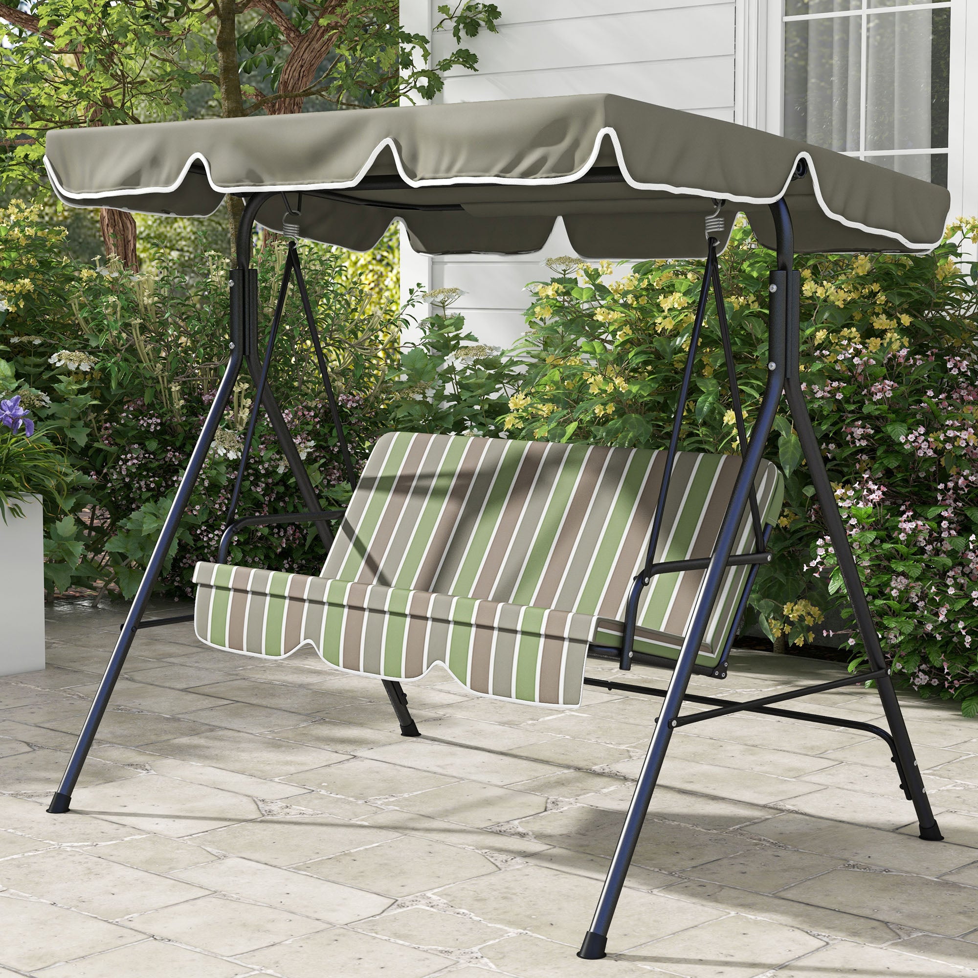 Outsunny 3-Seat Patio Swing Chair, Outdoor Porch Swing Glider with Adjustable Canopy, Removable Cushion, and Weather Resistant Steel Frame, for Garden, Poolside, Backyard, Green