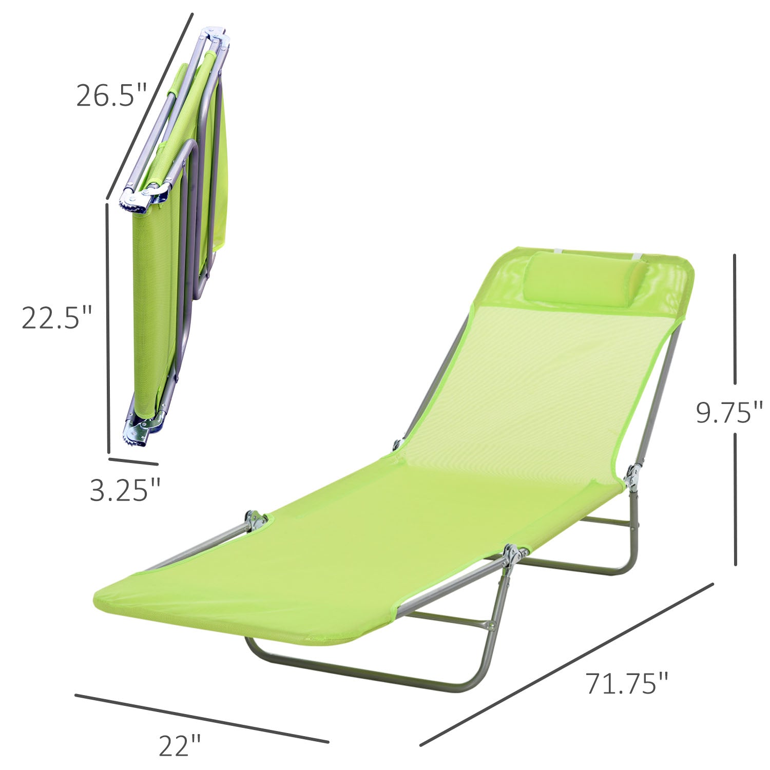Outsunny Outdoor Lounge Chair, Portable Adjustable Reclining Seat Folding Chaise Lounge Patio Camping Beach Tanning Chair Bed with Pillow, Light Green