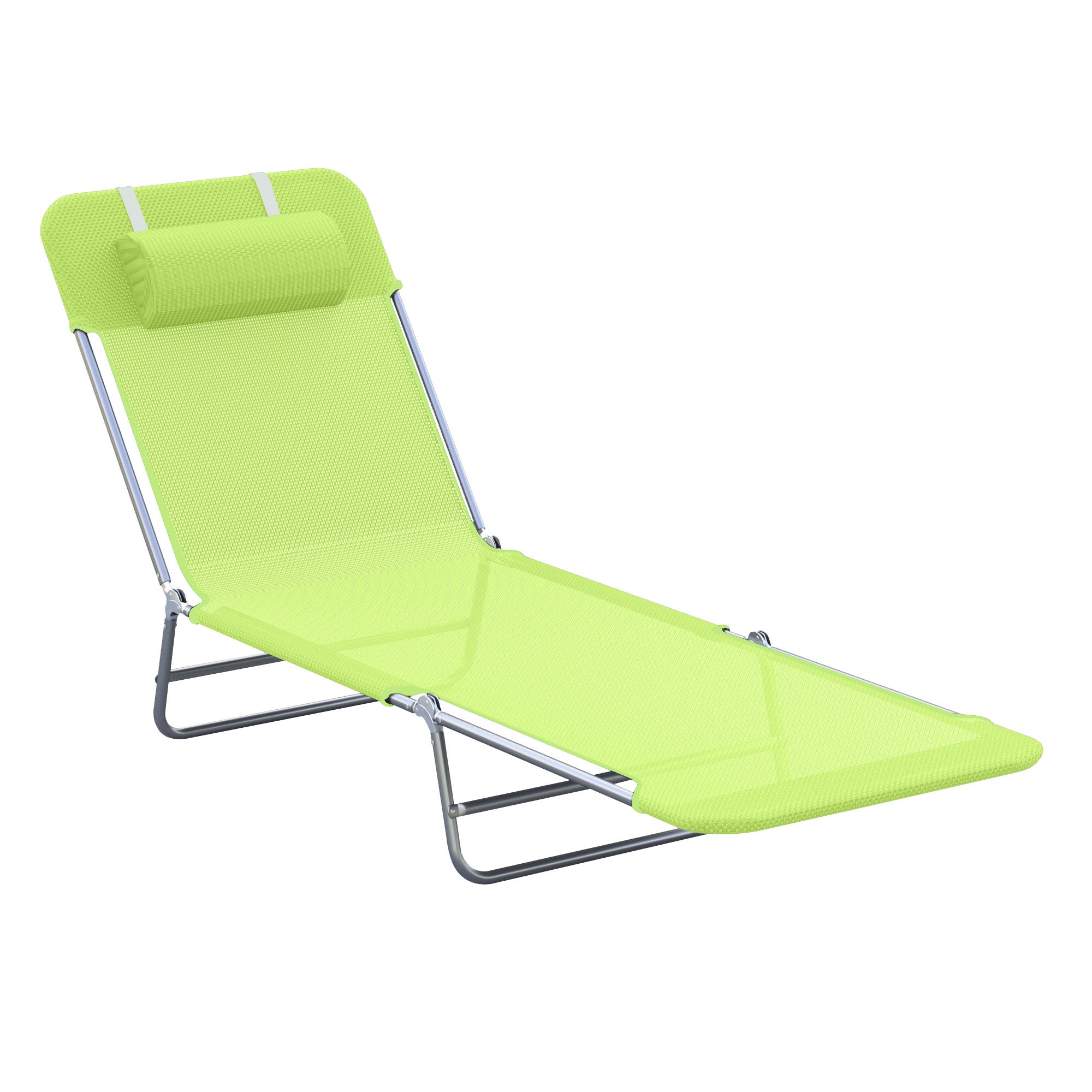 Outsunny Outdoor Lounge Chair, Portable Adjustable Reclining Seat Folding Chaise Lounge Patio Camping Beach Tanning Chair Bed with Pillow, Light Green