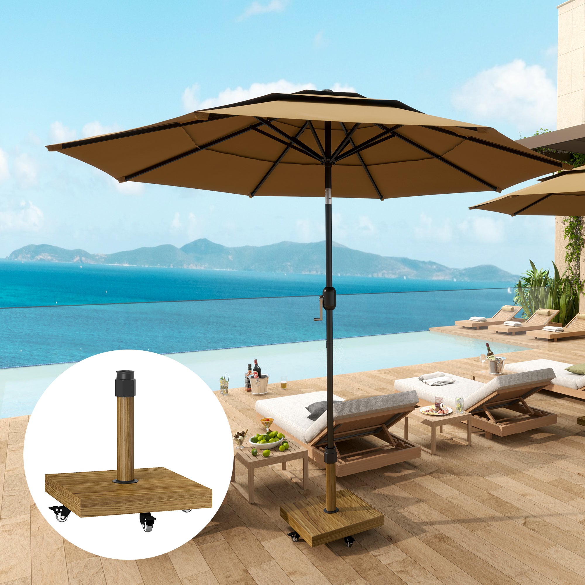 Outsunny Patio Umbrella Base Holder, Outdoor Umbrella Stand with Wheels, Heavy Duty Patio Umbrella Stand Base for Garden, Poolside, Nature Wood