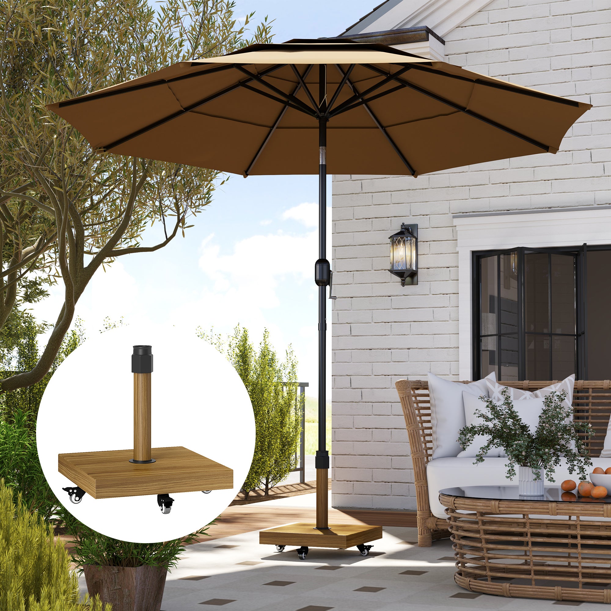 Outsunny Patio Umbrella Base Holder, Outdoor Umbrella Stand with Wheels, Heavy Duty Patio Umbrella Stand Base for Garden, Poolside, Nature Wood