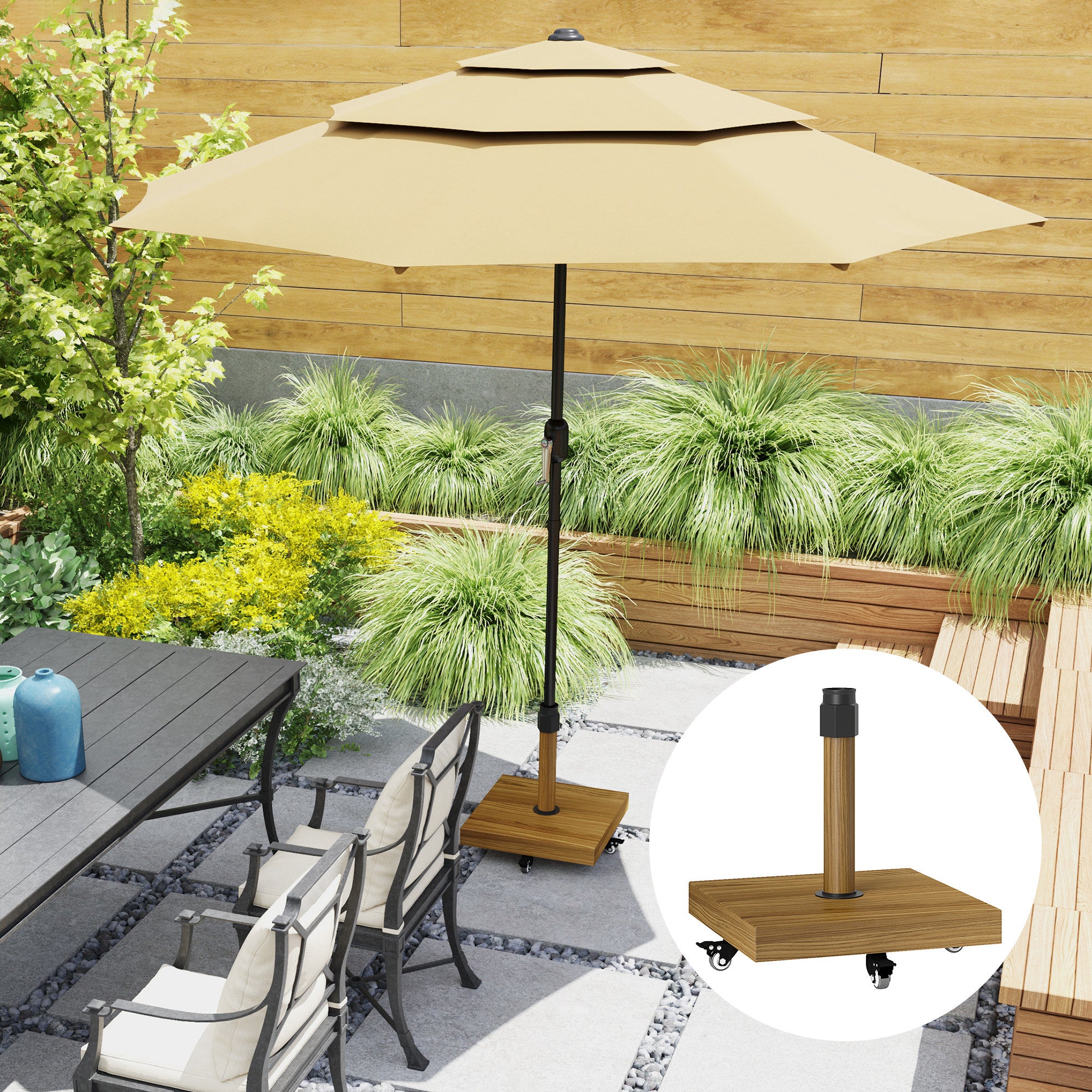 Outsunny Patio Umbrella Base Holder, Outdoor Umbrella Stand with Wheels, Heavy Duty Patio Umbrella Stand Base for Garden, Poolside, Nature Wood