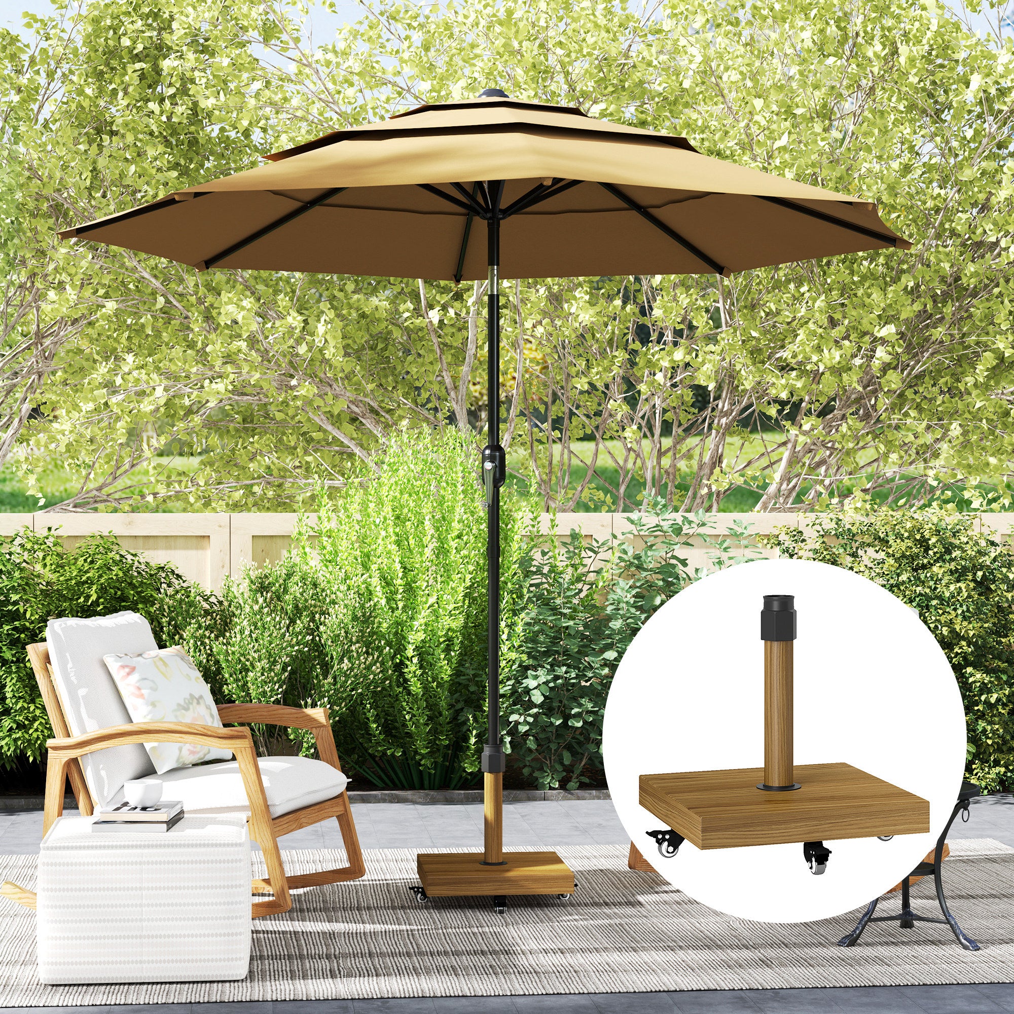 Outsunny Patio Umbrella Base Holder, Outdoor Umbrella Stand with Wheels, Heavy Duty Patio Umbrella Stand Base for Garden, Poolside, Nature Wood