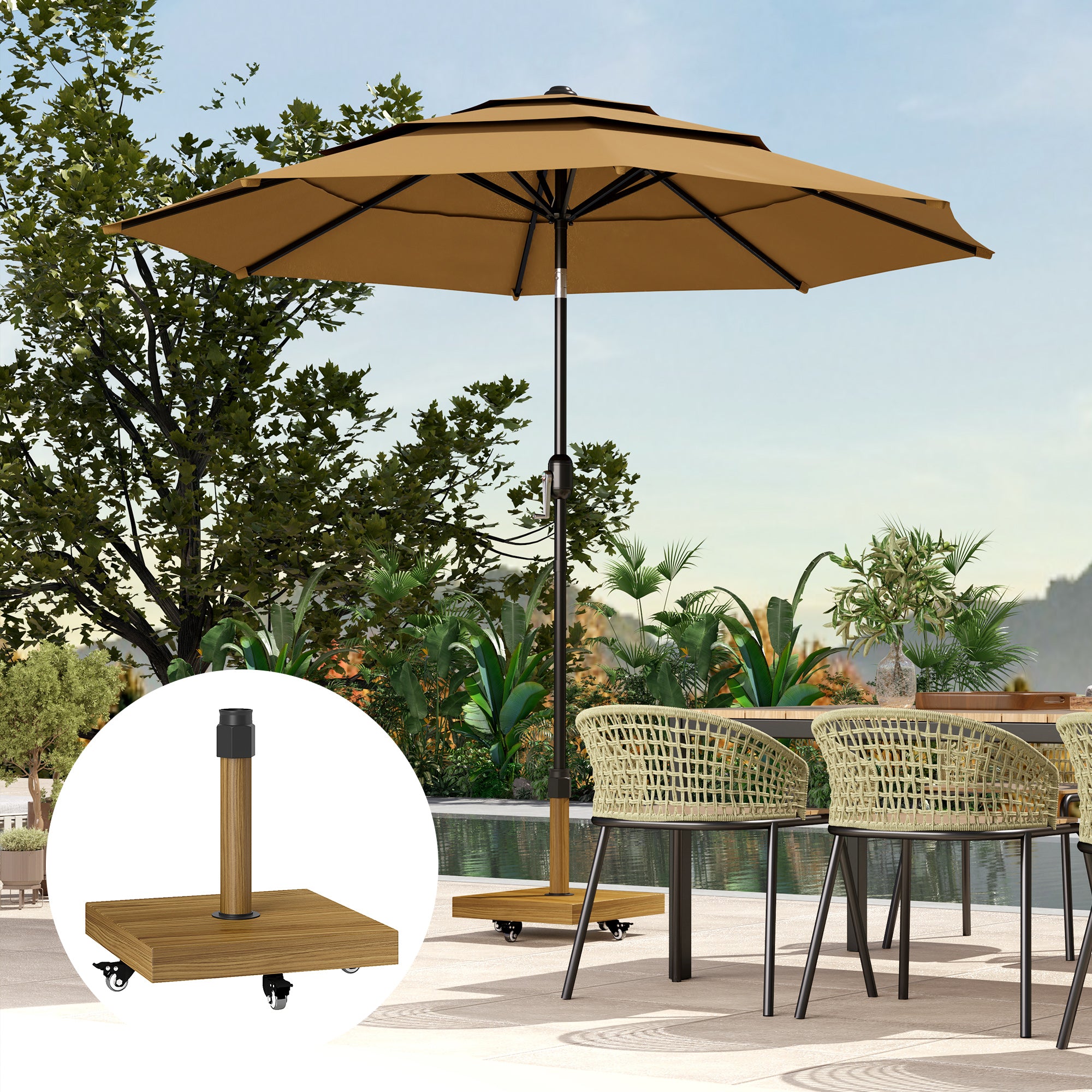 Outsunny Patio Umbrella Base Holder, Outdoor Umbrella Stand with Wheels, Heavy Duty Patio Umbrella Stand Base for Garden, Poolside, Nature Wood