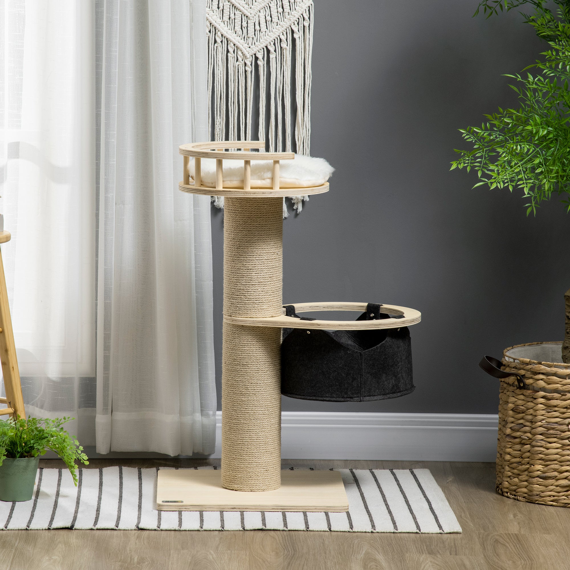 PawHut 84cm Cat Tree, Kitty Activity Centre with Hammock and Bed, Cat Tower with Jute Scratching Post, Natural Finish