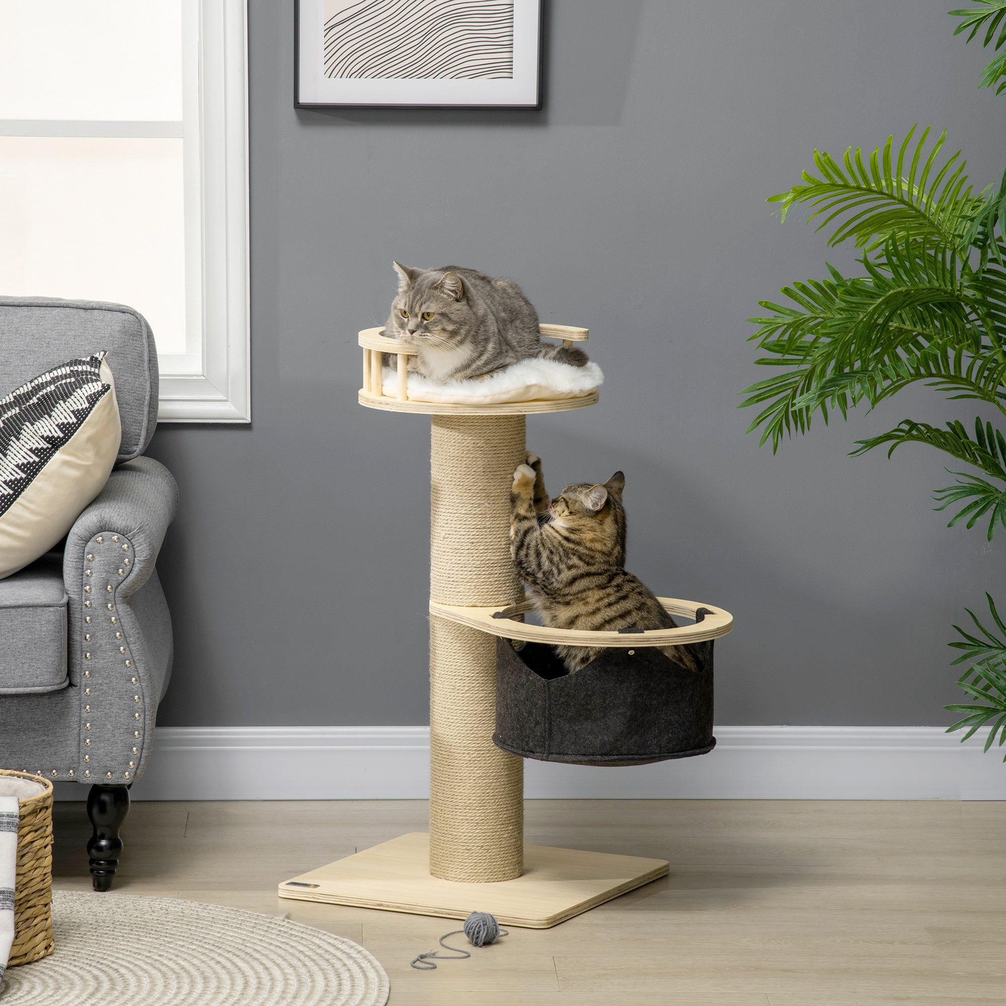 PawHut 84cm Cat Tree, Kitty Activity Centre with Hammock and Bed, Cat Tower with Jute Scratching Post, Natural Finish