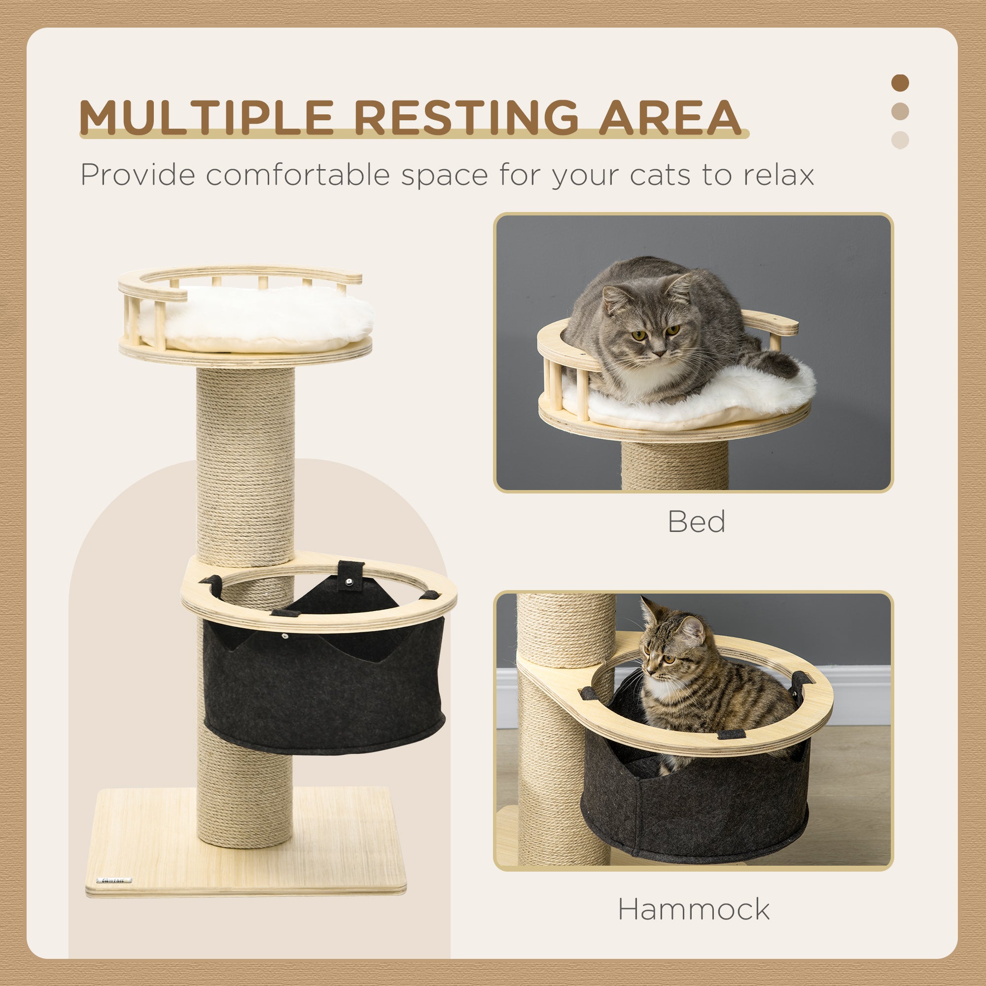 PawHut 84cm Cat Tree, Kitty Activity Centre with Hammock and Bed, Cat Tower with Jute Scratching Post, Natural Finish