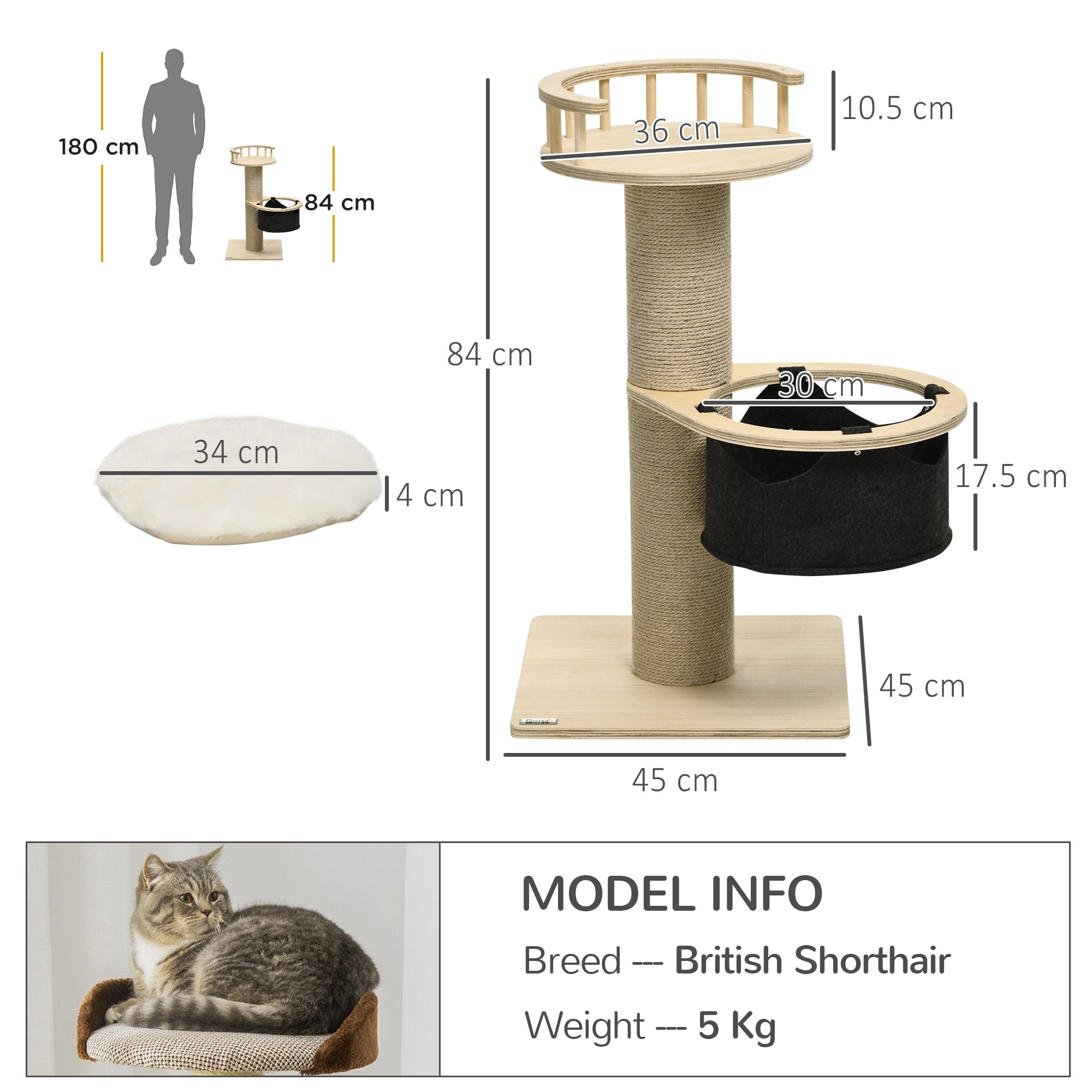 PawHut 84cm Cat Tree, Kitty Activity Centre with Hammock and Bed, Cat Tower with Jute Scratching Post, Natural Finish