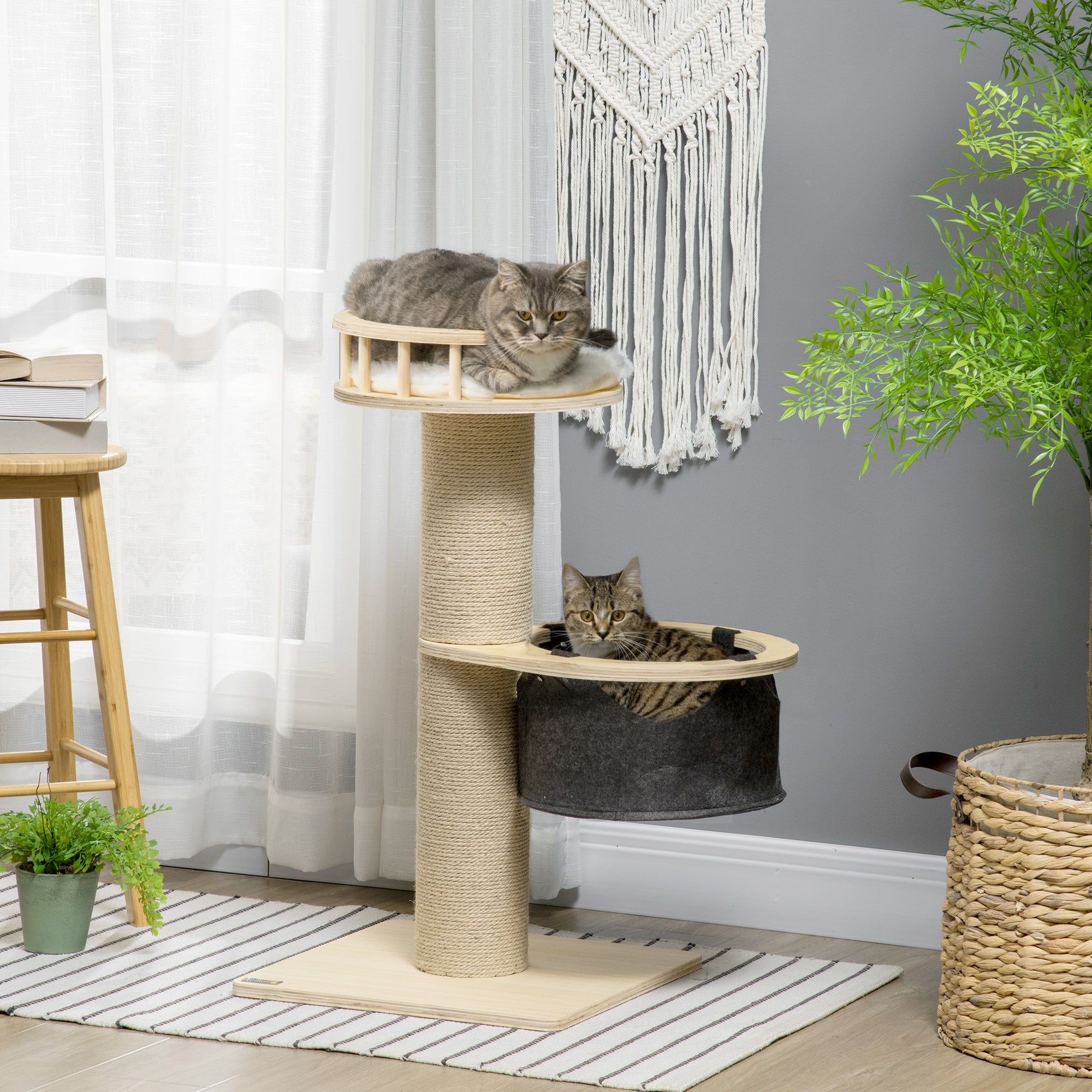 PawHut 84cm Cat Tree, Kitty Activity Centre with Hammock and Bed, Cat Tower with Jute Scratching Post, Natural Finish