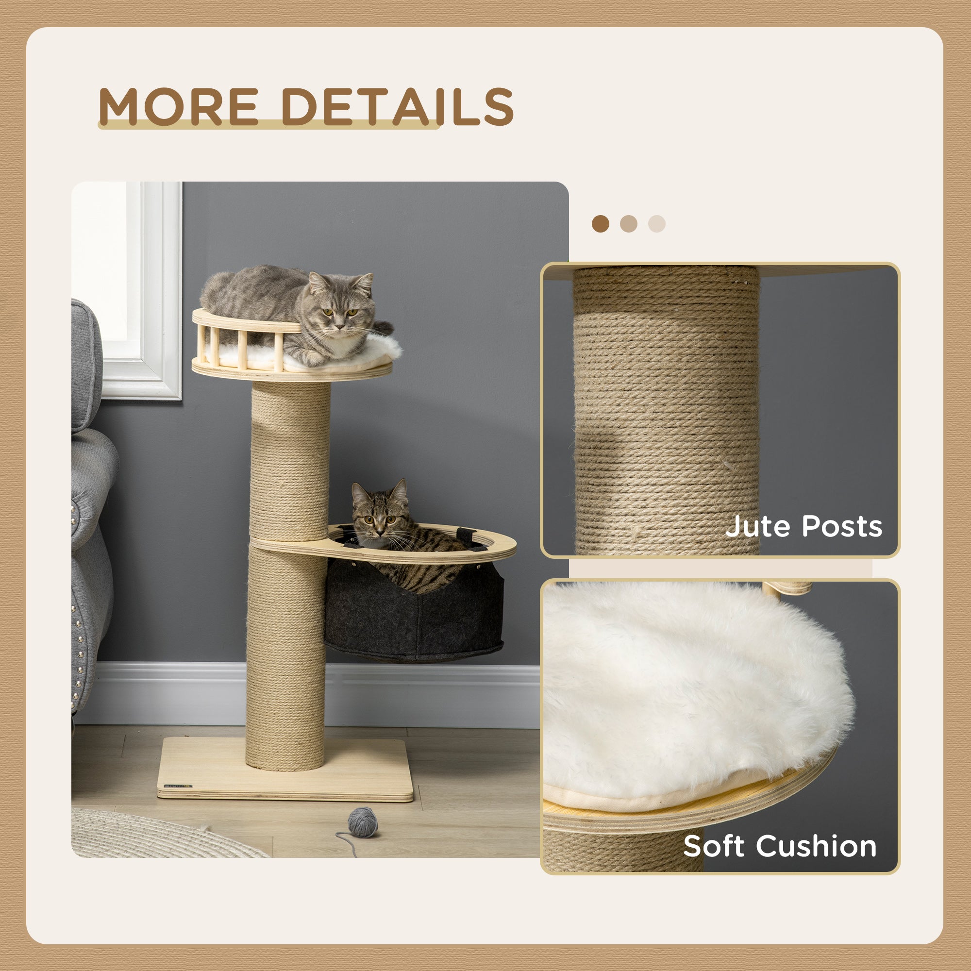 PawHut 84cm Cat Tree, Kitty Activity Centre with Hammock and Bed, Cat Tower with Jute Scratching Post, Natural Finish