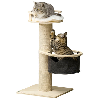 PawHut 84cm Cat Tree, Kitty Activity Centre with Hammock and Bed, Cat Tower with Jute Scratching Post, Natural Finish