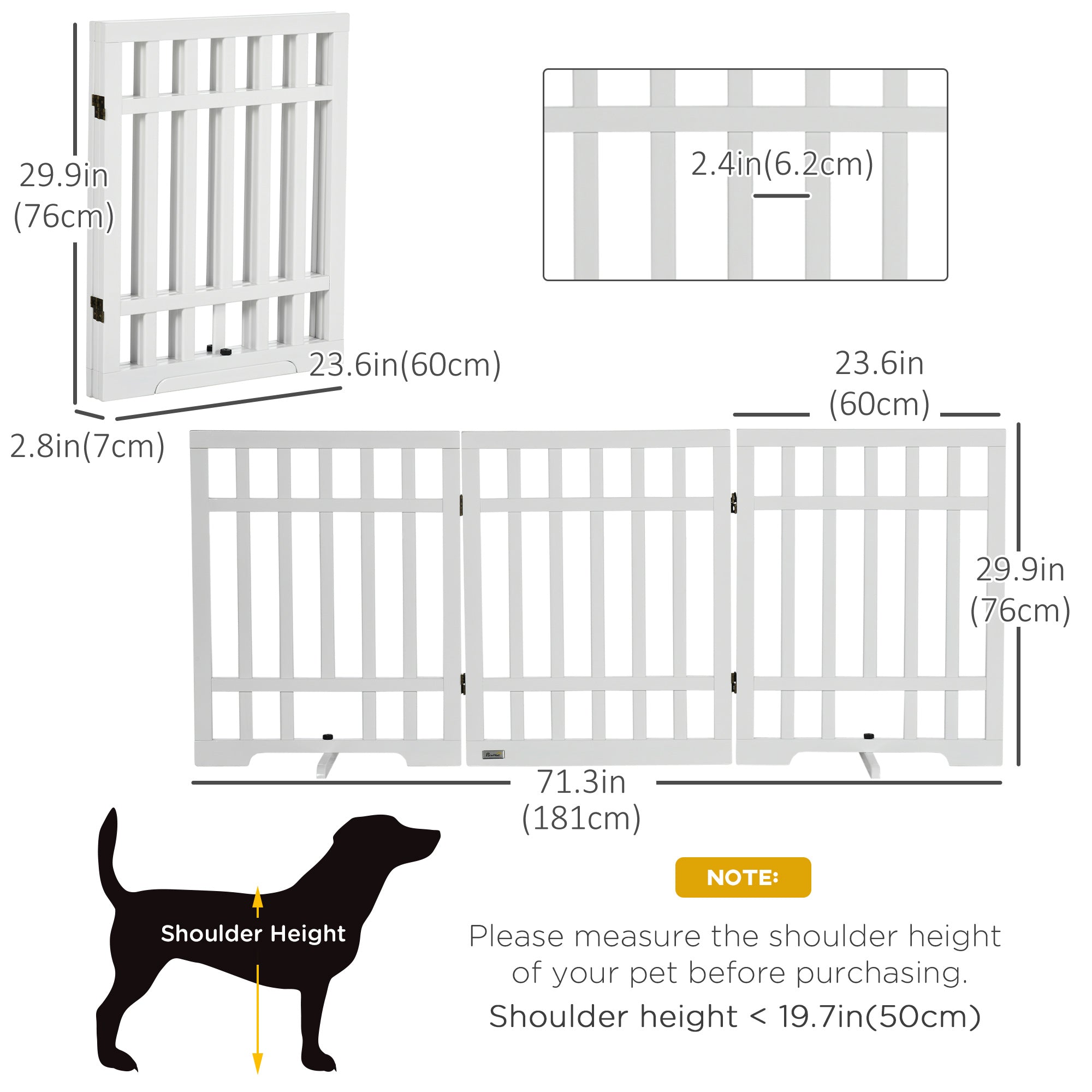 PawHut Freestanding Pet Gate with 2PCS Support Feet, 3 Panels Folding Dog Gates for the House Doorway Stairs, Expands up to 71.3" Wide, 29.9" Tall, White