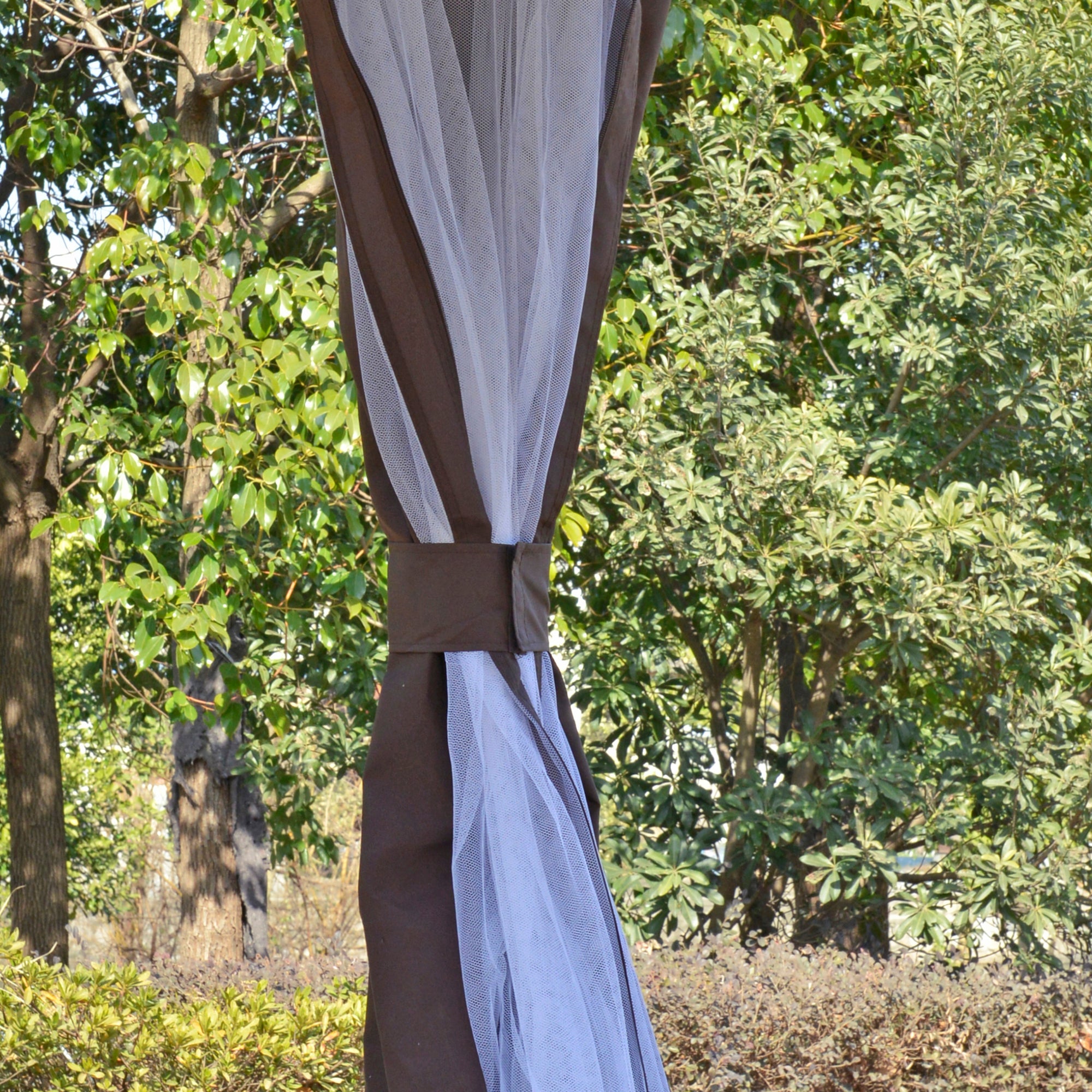 Outsunny 12' x 12' Round Outdoor Gazebo, Patio Double Soft Top Gazebo Canopy Shelter with Zipper Netting Sidewalls and Removable Curtains for Garden, Patio, Backyard, Brown