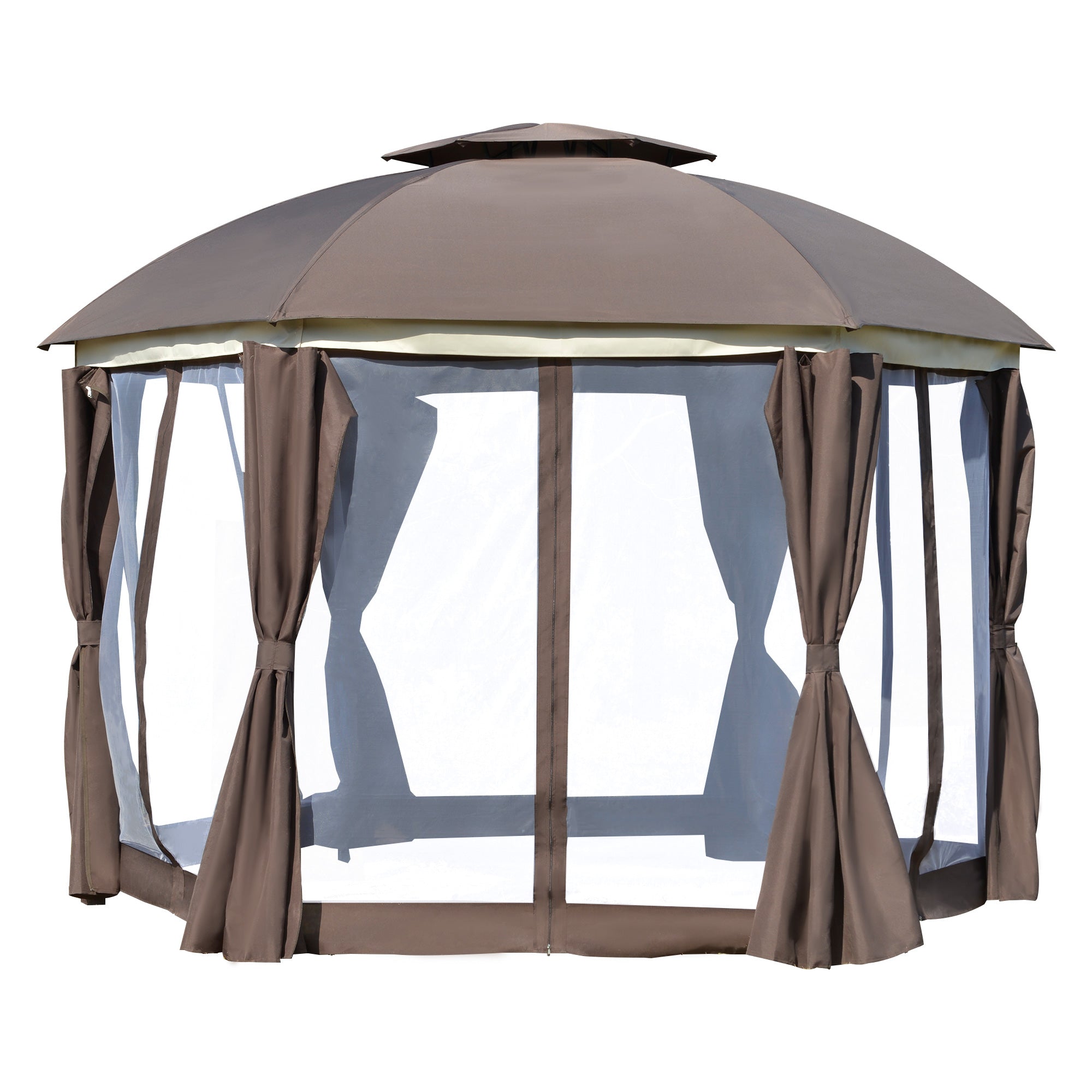 Outsunny 12' x 12' Round Outdoor Gazebo, Patio Double Soft Top Gazebo Canopy Shelter with Zipper Netting Sidewalls and Removable Curtains for Garden, Patio, Backyard, Brown