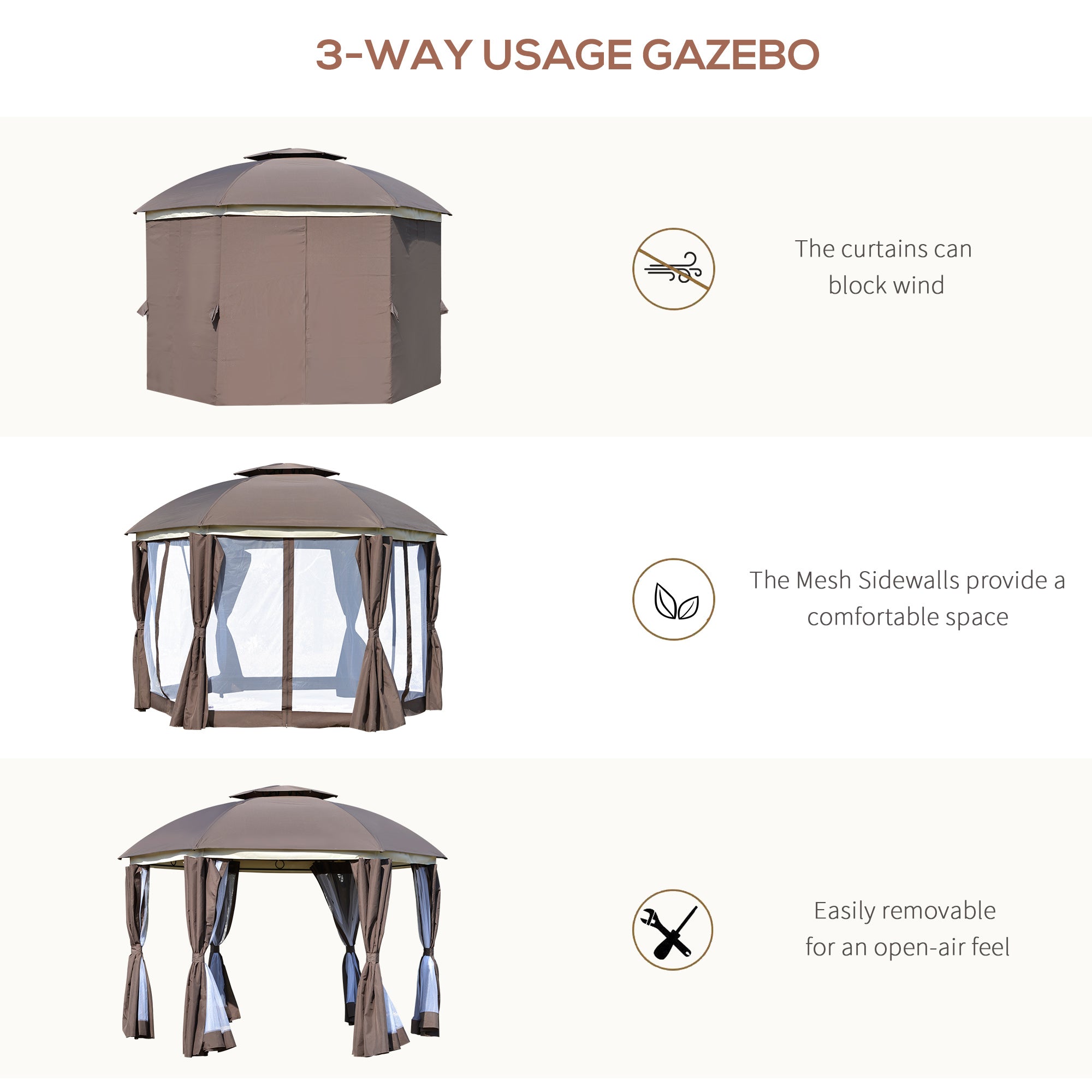 Outsunny 12' x 12' Round Outdoor Gazebo, Patio Double Soft Top Gazebo Canopy Shelter with Zipper Netting Sidewalls and Removable Curtains for Garden, Patio, Backyard, Brown