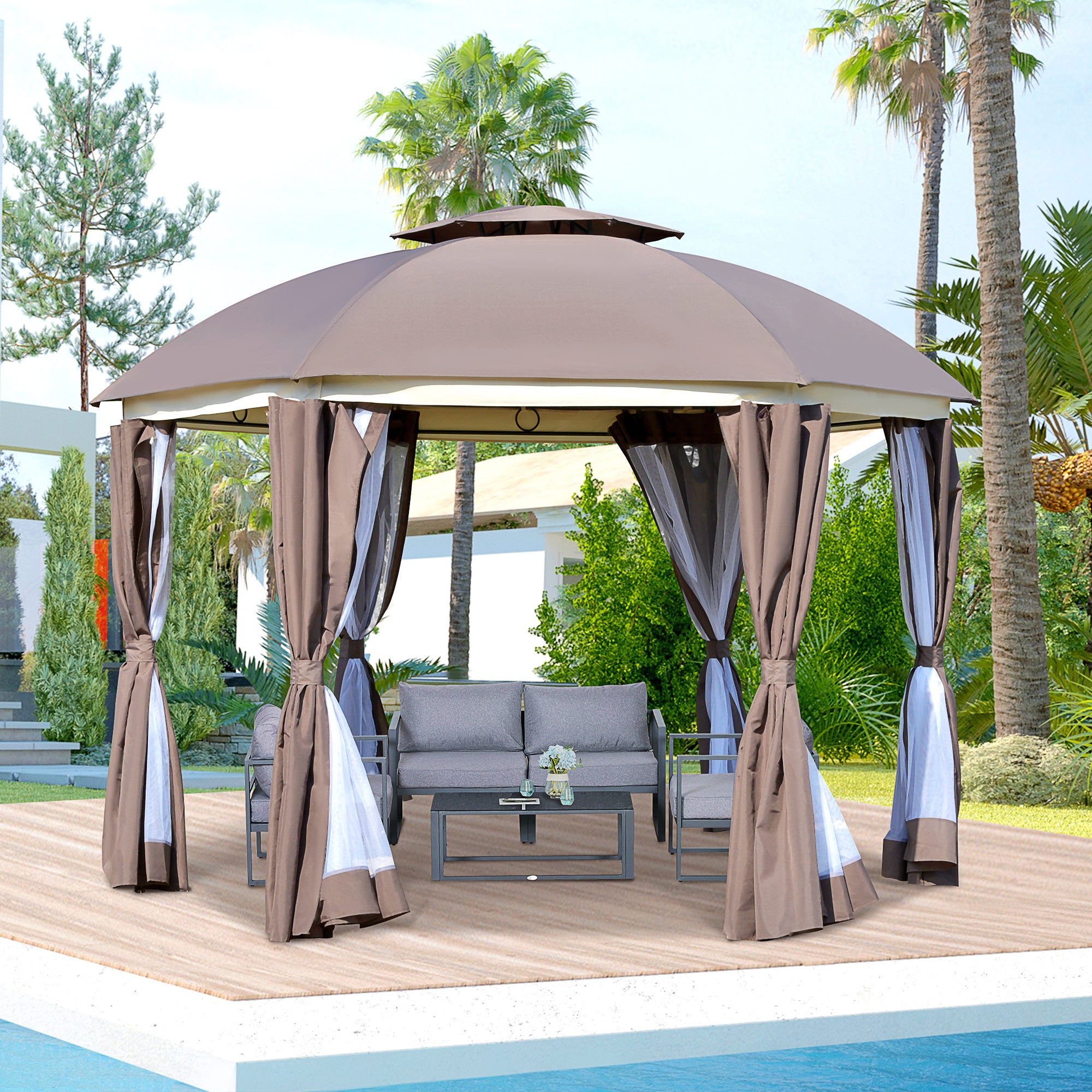 Outsunny 12' x 12' Round Outdoor Gazebo, Patio Double Soft Top Gazebo Canopy Shelter with Zipper Netting Sidewalls and Removable Curtains for Garden, Patio, Backyard, Brown
