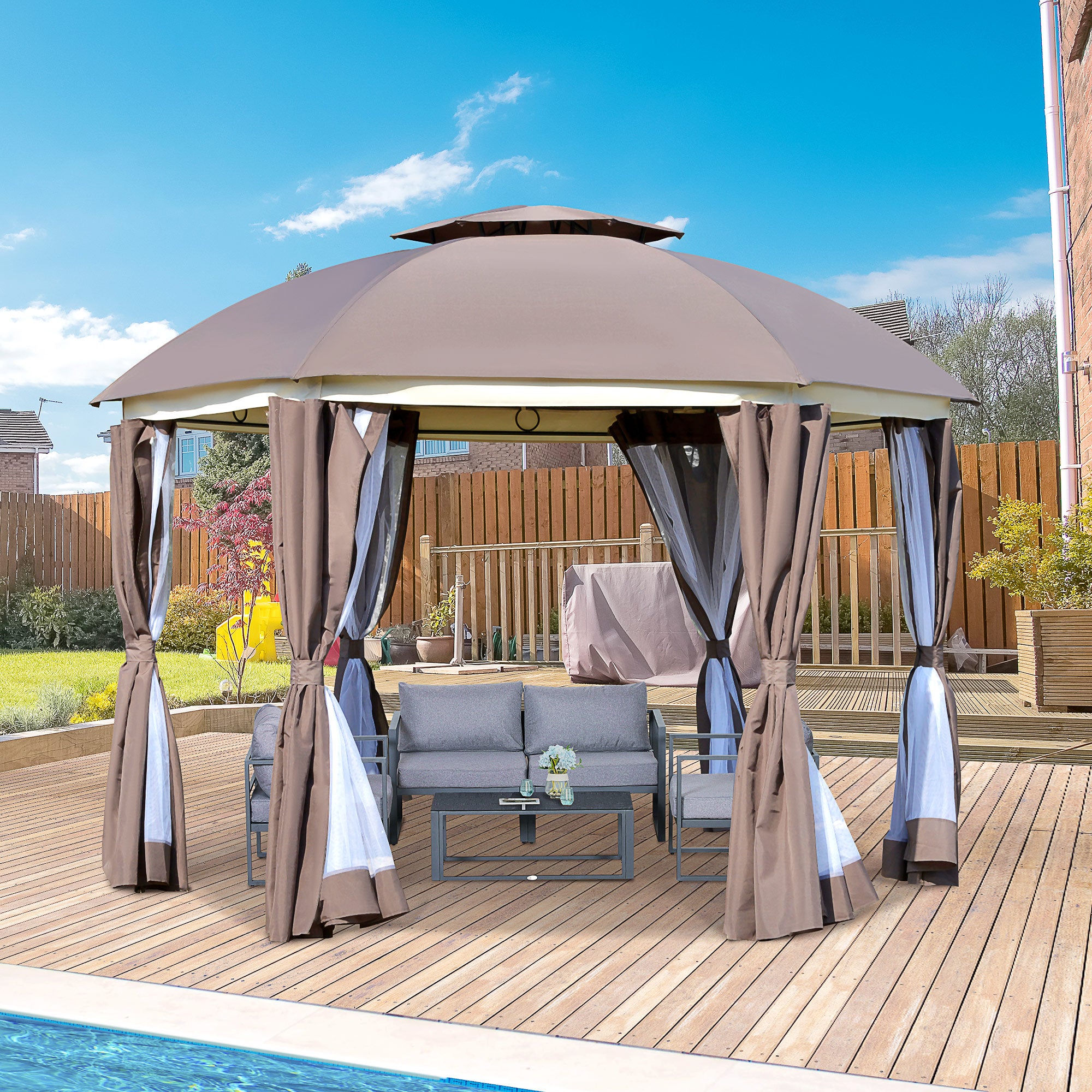Outsunny 12' x 12' Round Outdoor Gazebo, Patio Double Soft Top Gazebo Canopy Shelter with Zipper Netting Sidewalls and Removable Curtains for Garden, Patio, Backyard, Brown