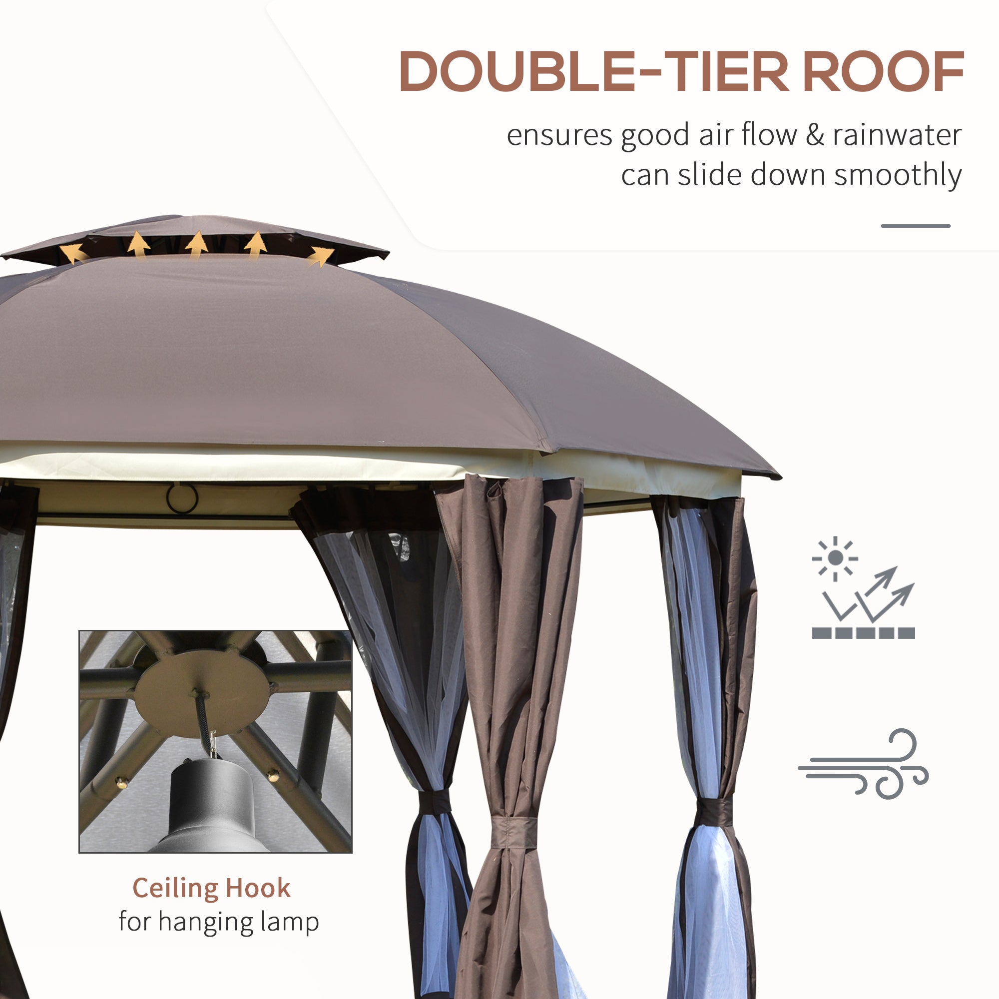Outsunny 12' x 12' Round Outdoor Gazebo, Patio Double Soft Top Gazebo Canopy Shelter with Zipper Netting Sidewalls and Removable Curtains for Garden, Patio, Backyard, Brown