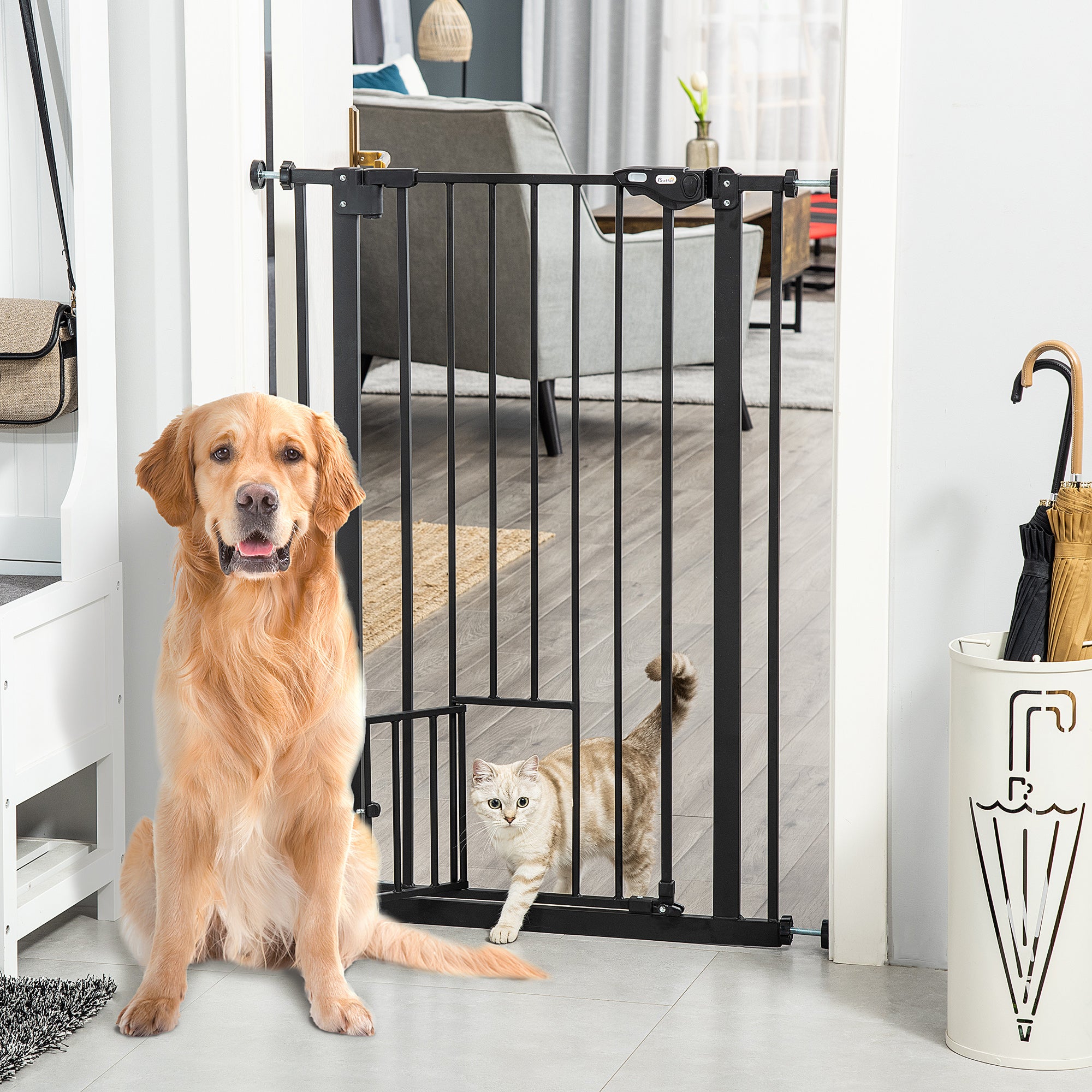 PawHut 41"H Dog Gate with Cat Door, Pet Gate with Small Door, Easy Open Indoor Dog Gates for Doorways, House, Stair, 29"-32" Long, Black