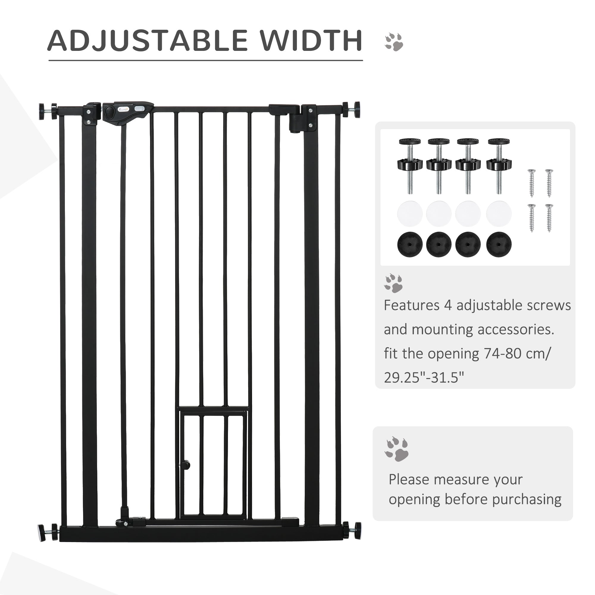 PawHut 41"H Dog Gate with Cat Door, Pet Gate with Small Door, Easy Open Indoor Dog Gates for Doorways, House, Stair, 29"-32" Long, Black