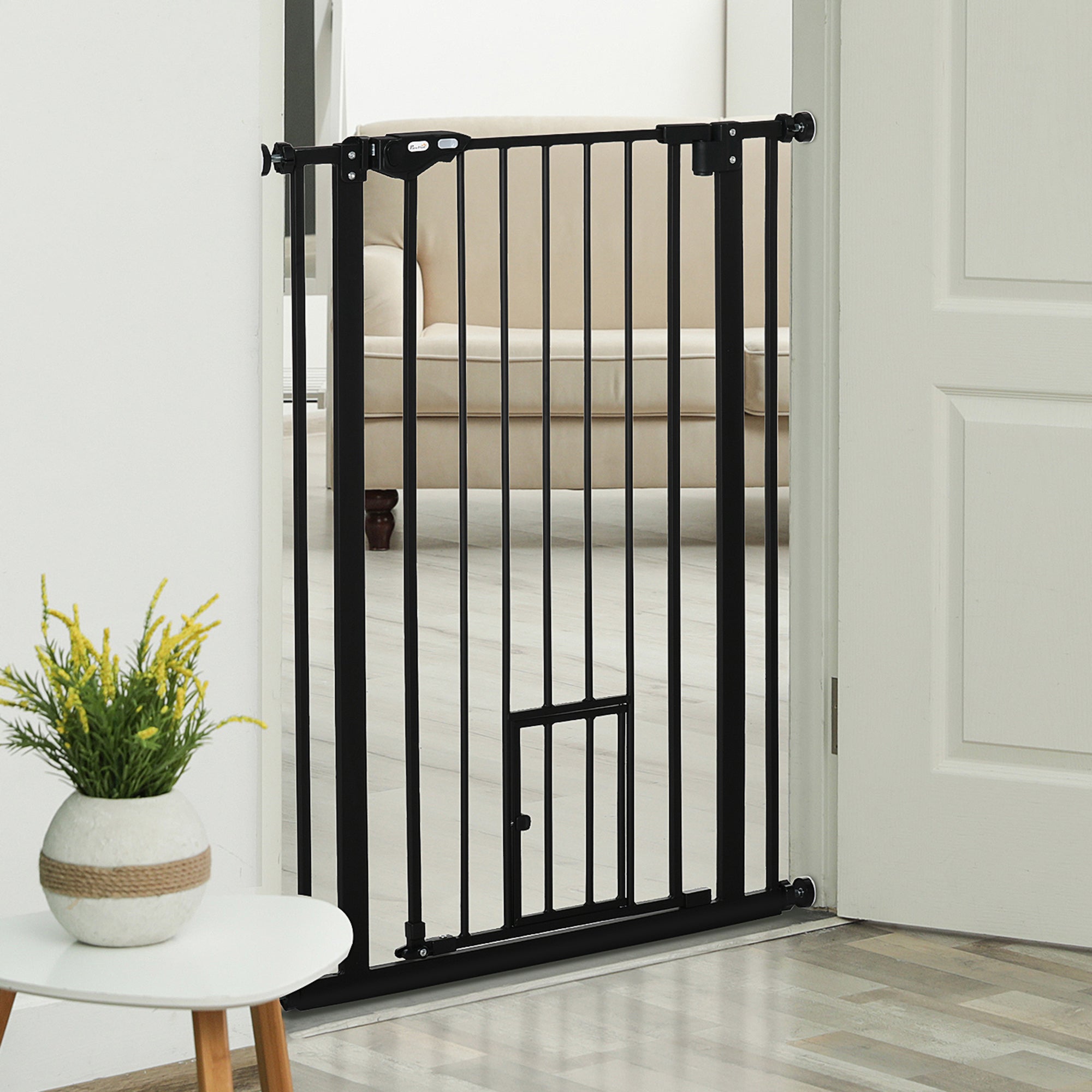 PawHut 41"H Dog Gate with Cat Door, Pet Gate with Small Door, Easy Open Indoor Dog Gates for Doorways, House, Stair, 29"-32" Long, Black