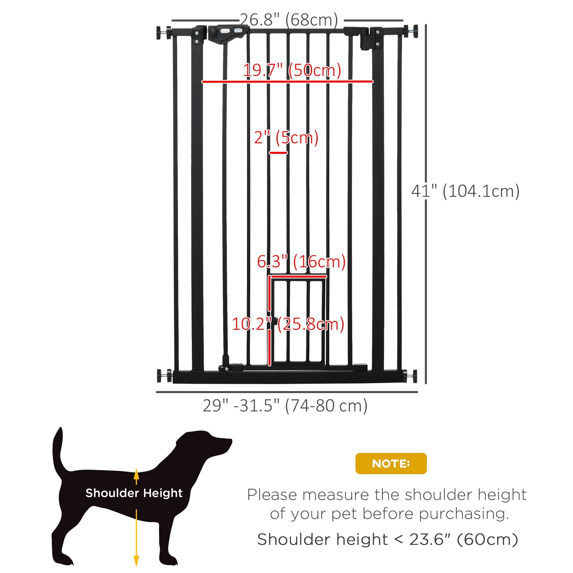PawHut 41"H Dog Gate with Cat Door, Pet Gate with Small Door, Easy Open Indoor Dog Gates for Doorways, House, Stair, 29"-32" Long, Black