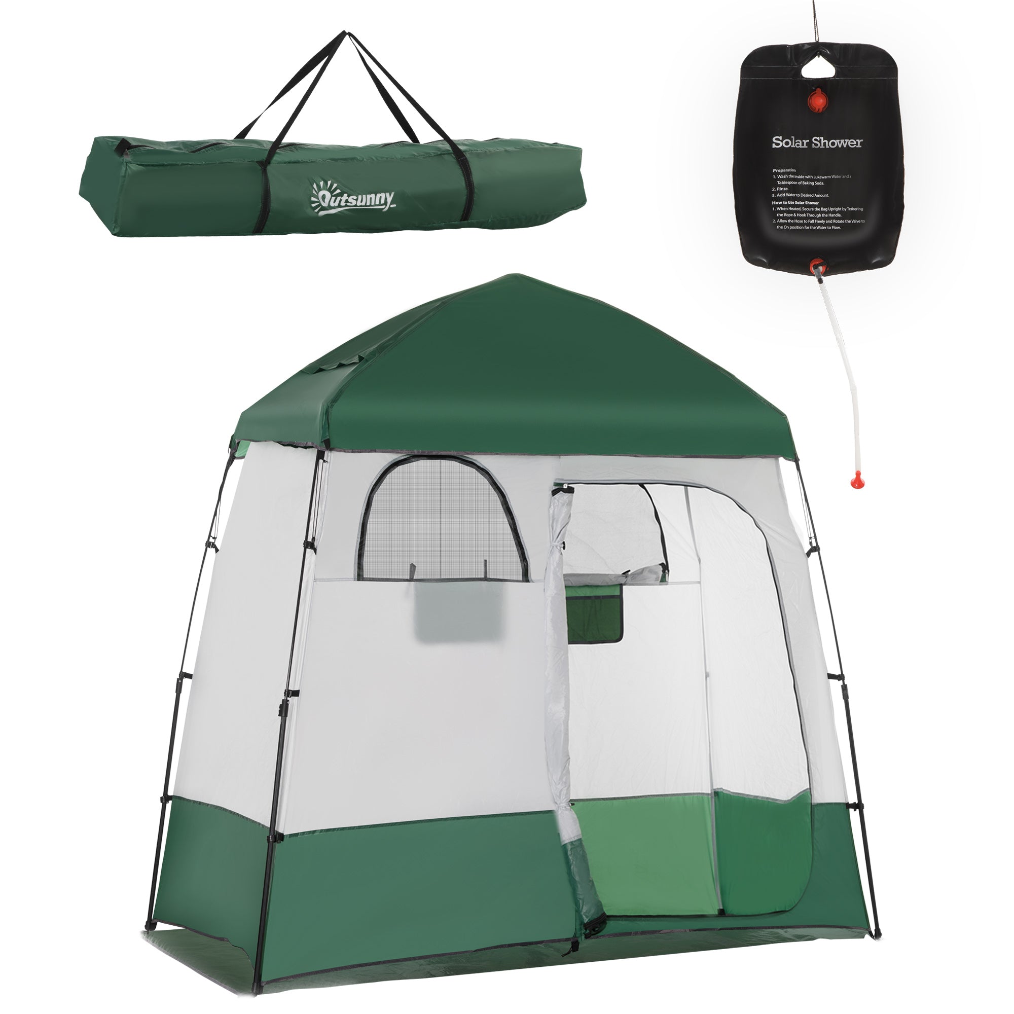 Outsunny Pop Up Shower Tent for Camping with 2 Rooms, Outdoor Portable Changing Tent Privacy Enclosure with Shower Bag, Hook, Floor and Carrying Bag, Green