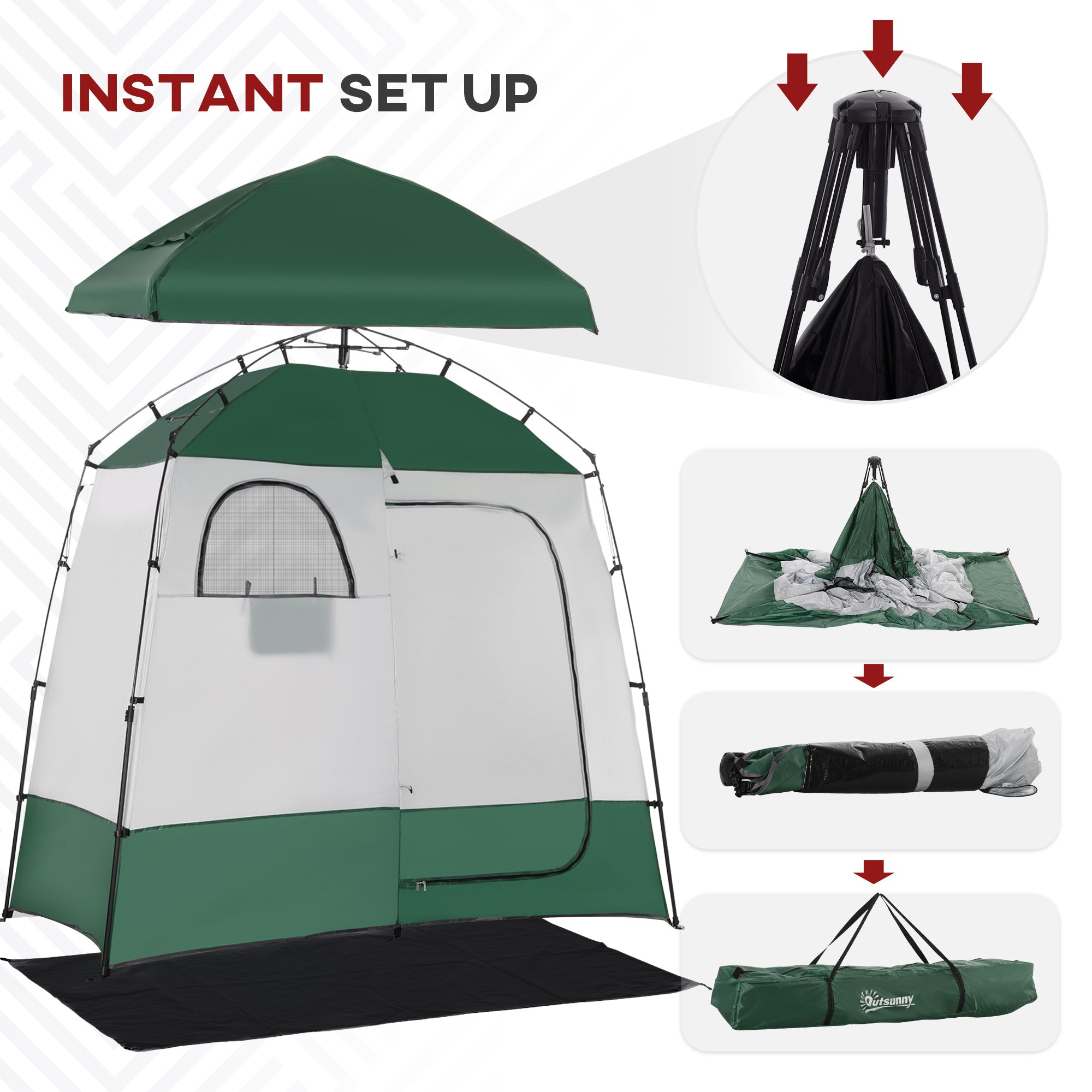 Outsunny Pop Up Shower Tent for Camping with 2 Rooms, Outdoor Portable Changing Tent Privacy Enclosure with Shower Bag, Hook, Floor and Carrying Bag, Green