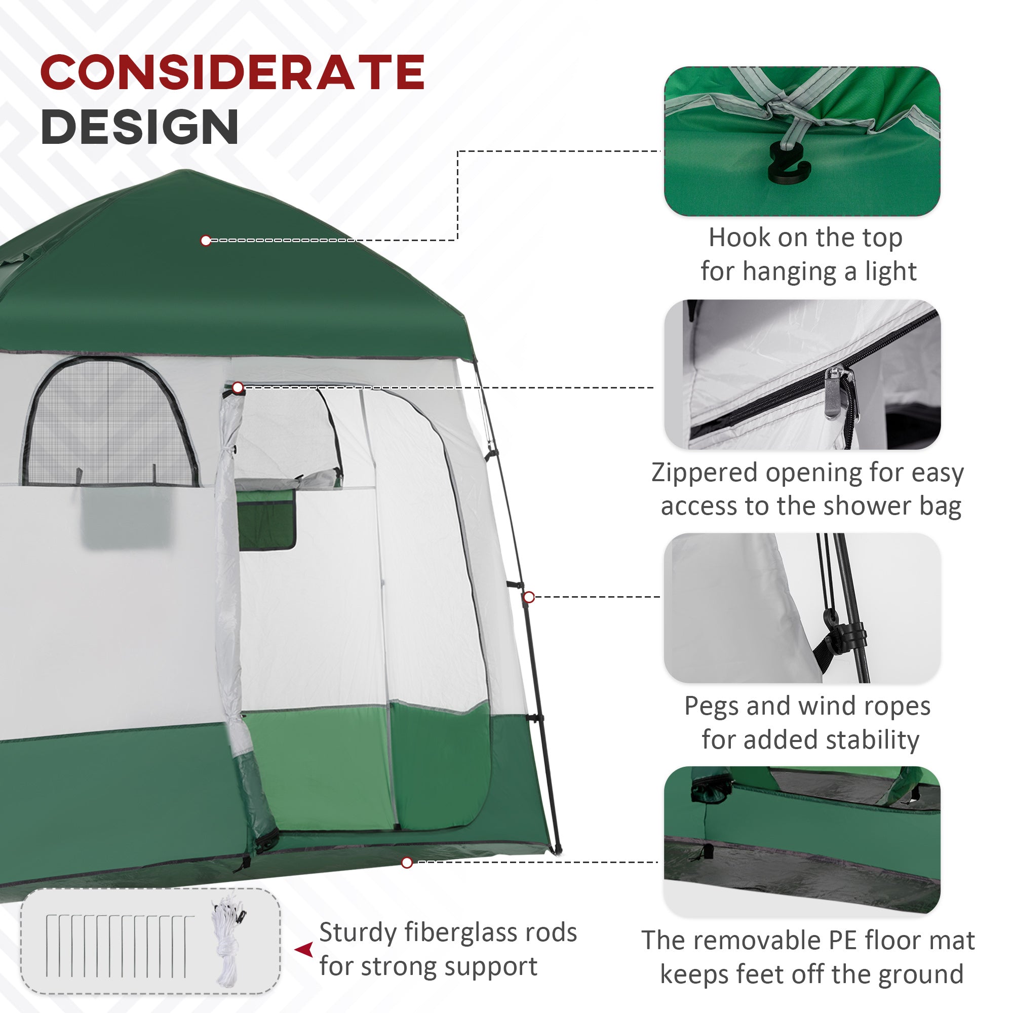Outsunny Pop Up Shower Tent for Camping with 2 Rooms, Outdoor Portable Changing Tent Privacy Enclosure with Shower Bag, Hook, Floor and Carrying Bag, Green