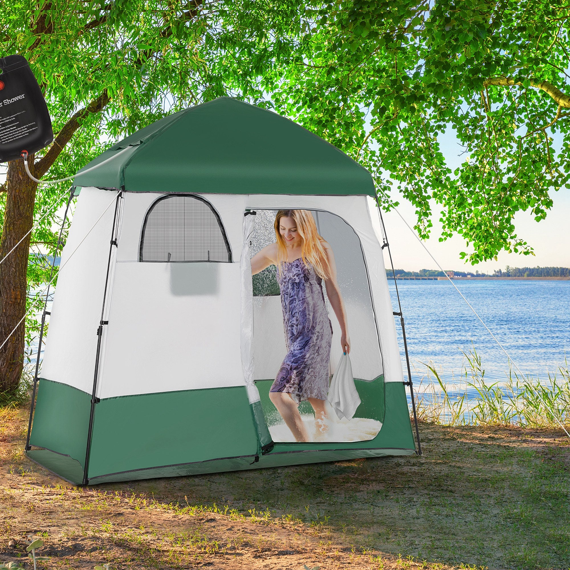 Outsunny Pop Up Shower Tent for Camping with 2 Rooms, Outdoor Portable Changing Tent Privacy Enclosure with Shower Bag, Hook, Floor and Carrying Bag, Green
