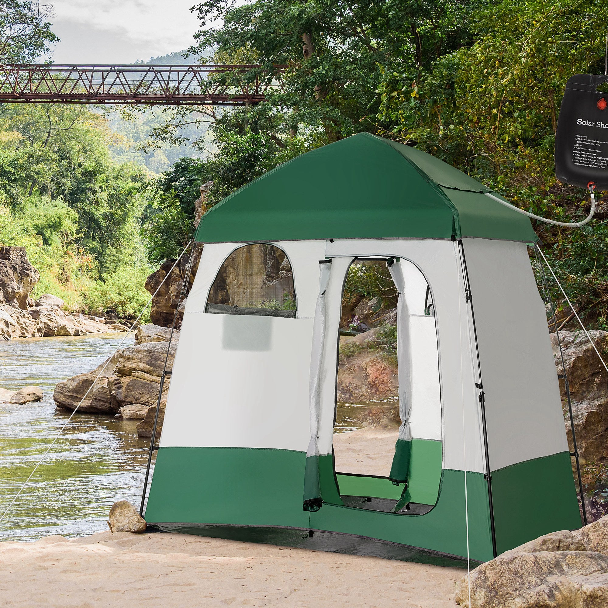 Outsunny Pop Up Shower Tent for Camping with 2 Rooms, Outdoor Portable Changing Tent Privacy Enclosure with Shower Bag, Hook, Floor and Carrying Bag, Green