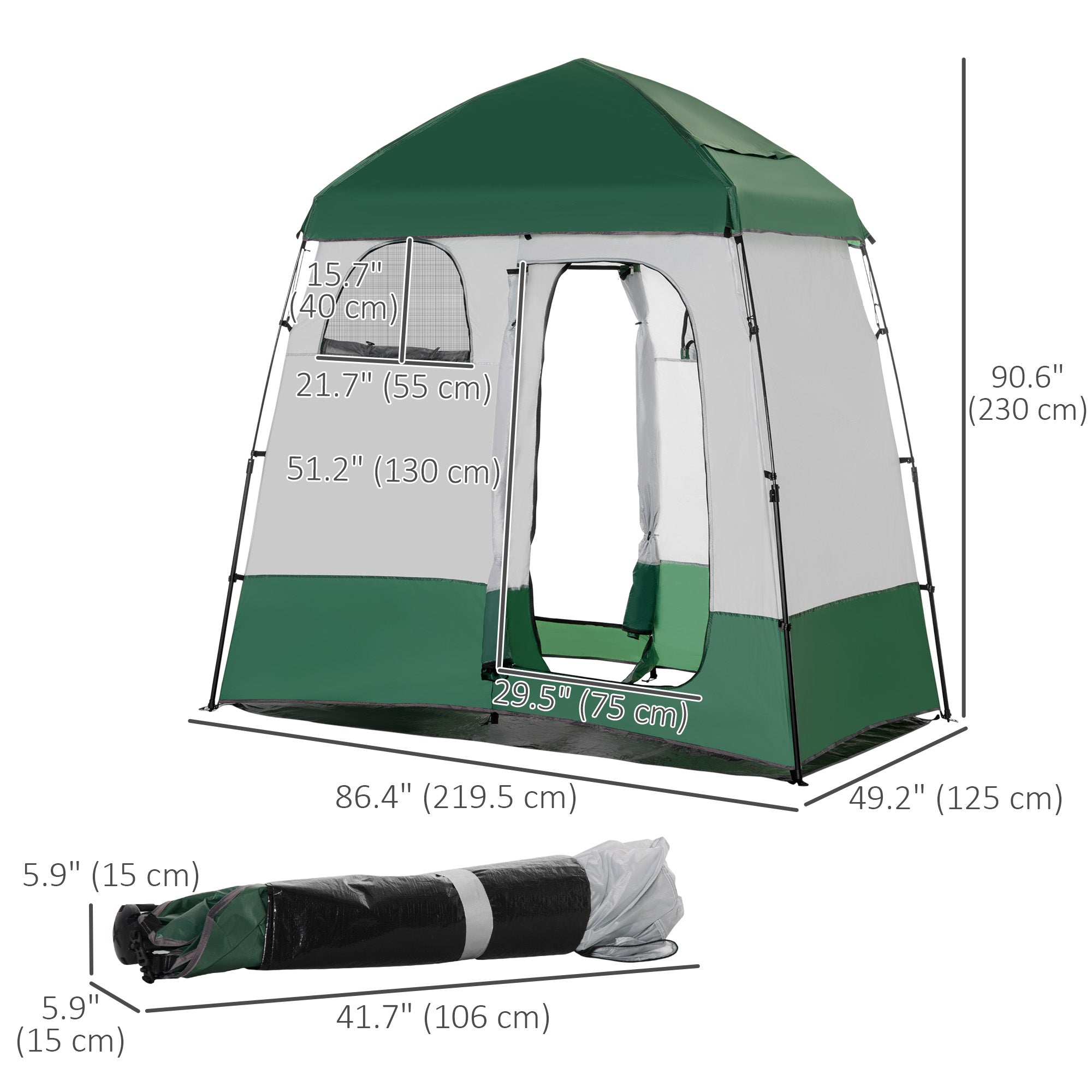 Outsunny Pop Up Shower Tent for Camping with 2 Rooms, Outdoor Portable Changing Tent Privacy Enclosure with Shower Bag, Hook, Floor and Carrying Bag, Green