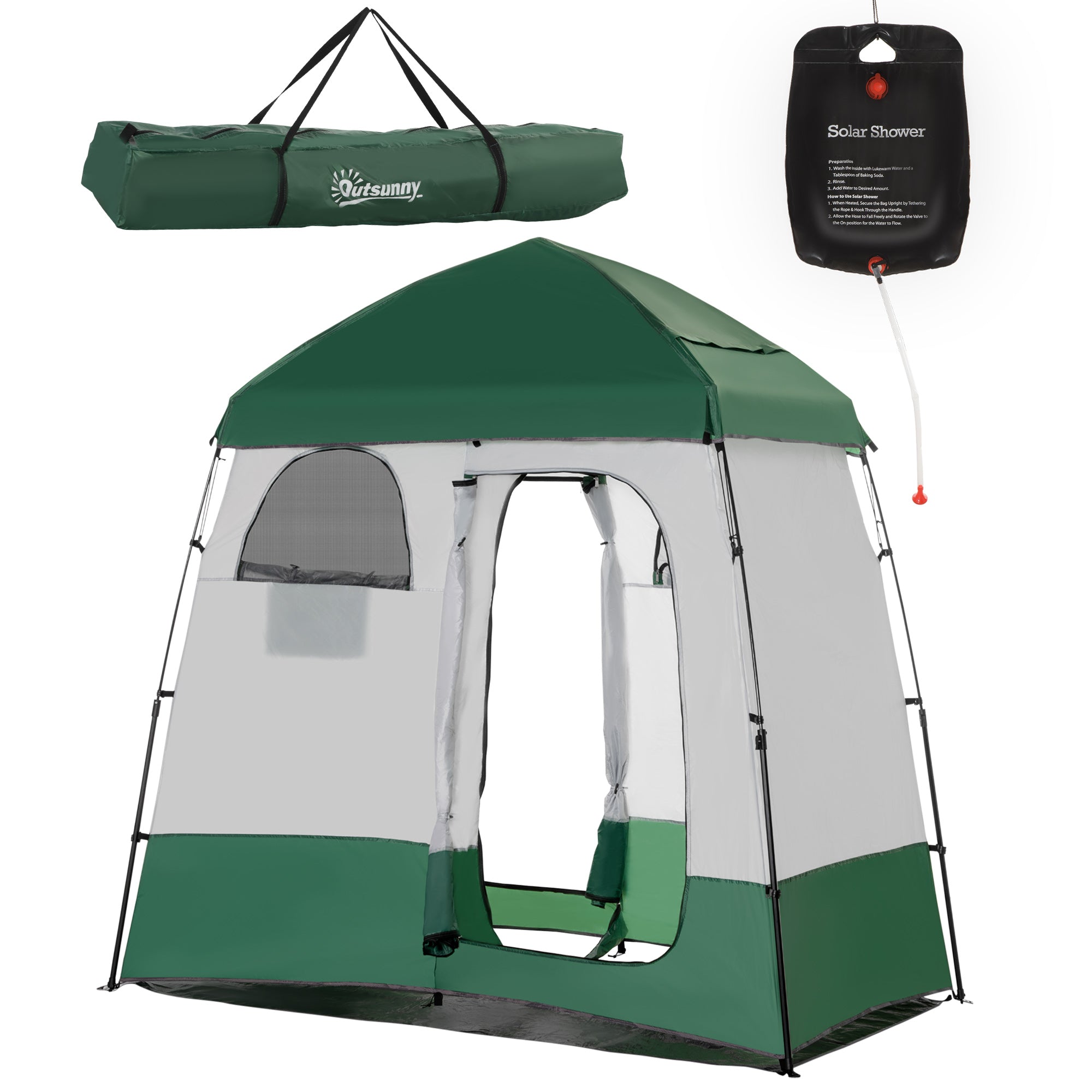 Outsunny Pop Up Shower Tent for Camping with 2 Rooms, Outdoor Portable Changing Tent Privacy Enclosure with Shower Bag, Hook, Floor and Carrying Bag, Green