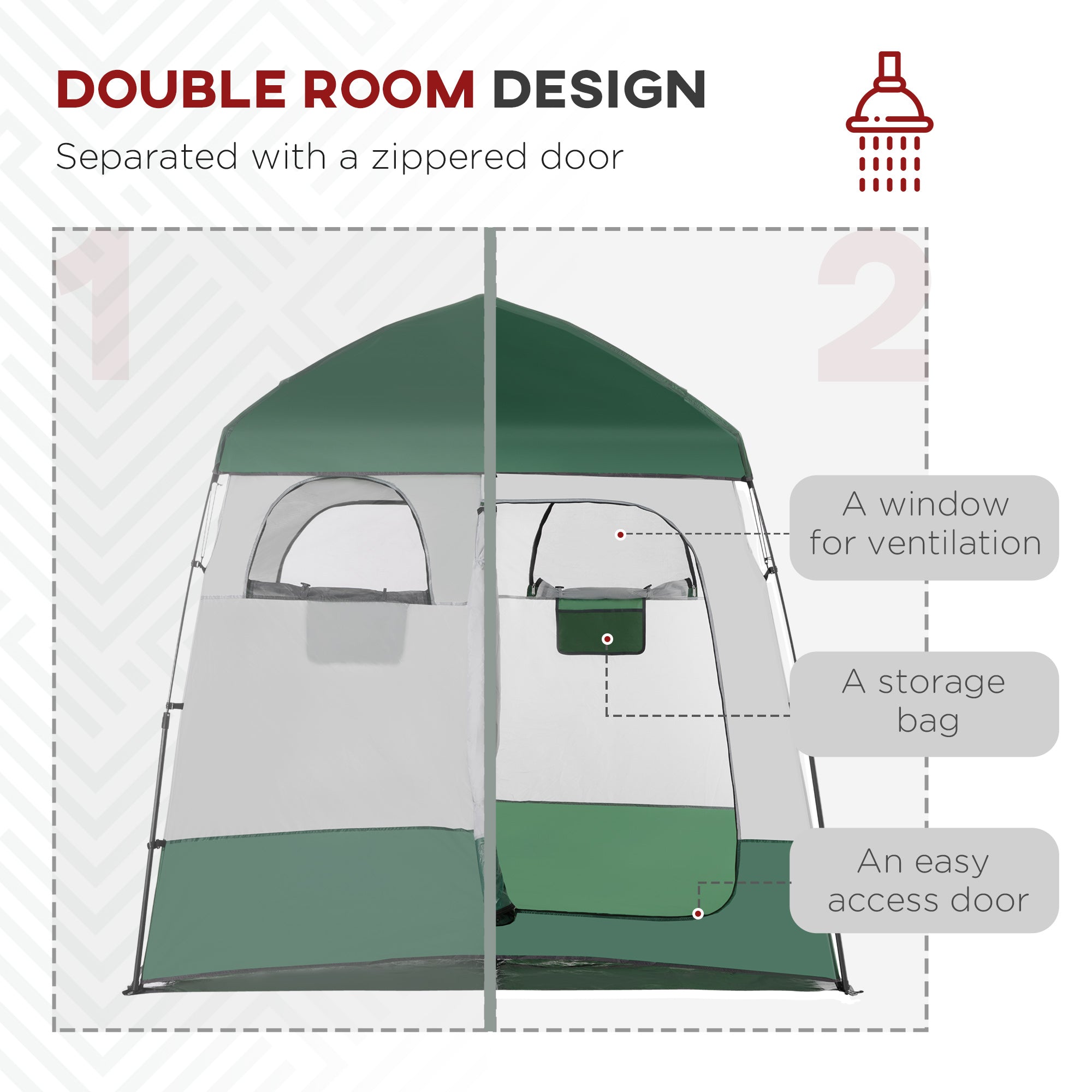 Outsunny Pop Up Shower Tent for Camping with 2 Rooms, Outdoor Portable Changing Tent Privacy Enclosure with Shower Bag, Hook, Floor and Carrying Bag, Green