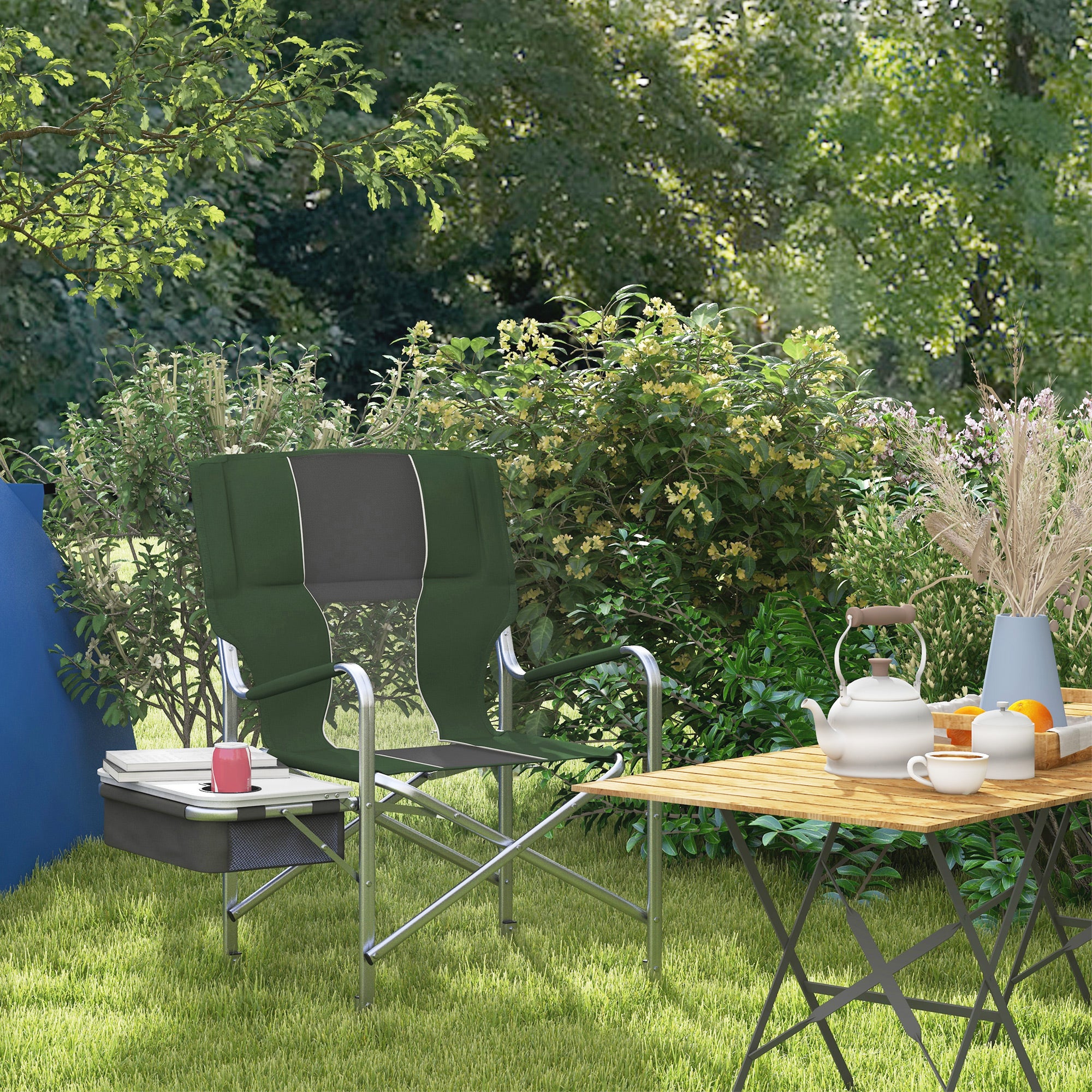Outsunny Camping Director Chair for Adults, Aluminum Folding Camping Chair with Side Table, Cup Holder, Cooler Bag and Pocket, Grey