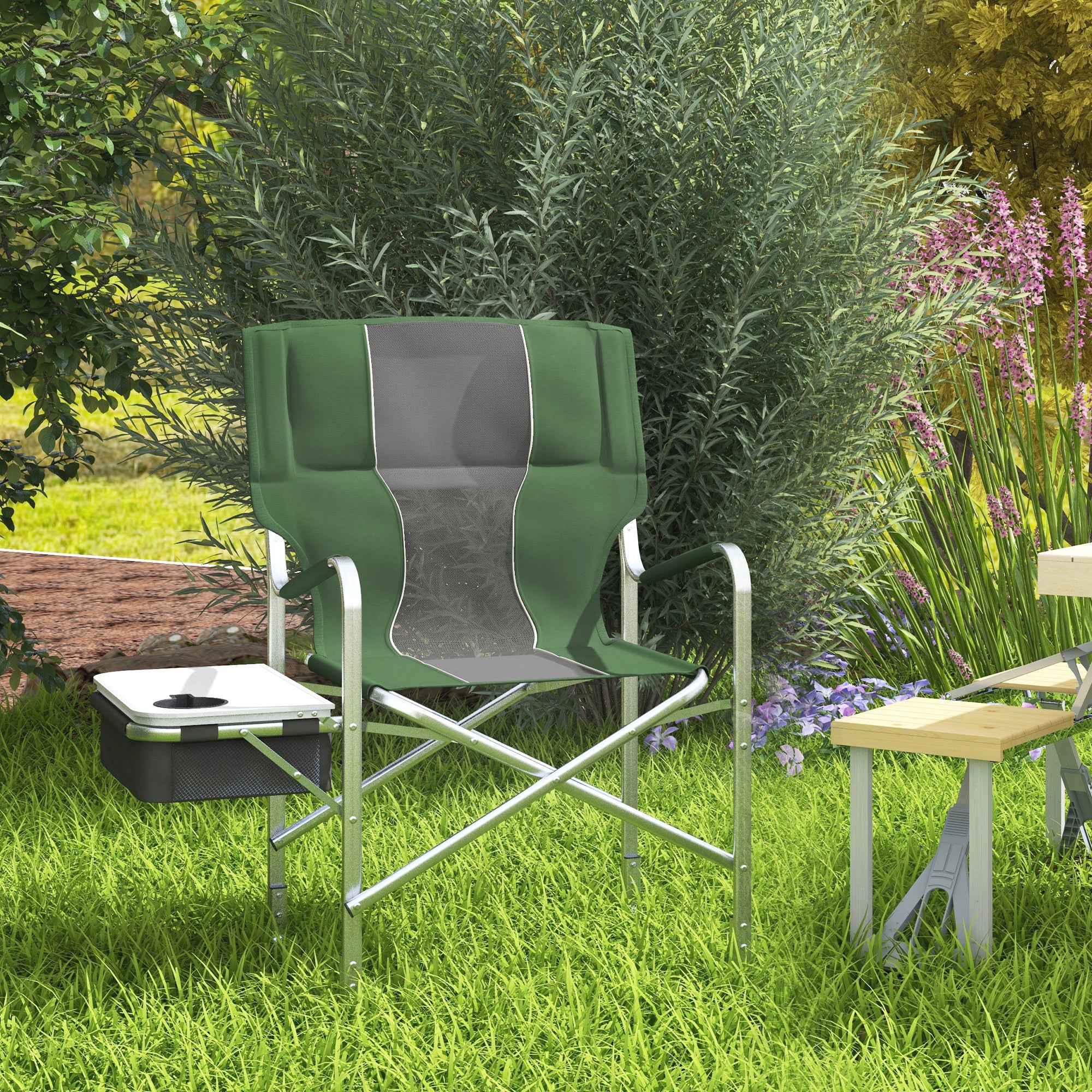 Outsunny Camping Director Chair for Adults, Aluminum Folding Camping Chair with Side Table, Cup Holder, Cooler Bag and Pocket, Grey