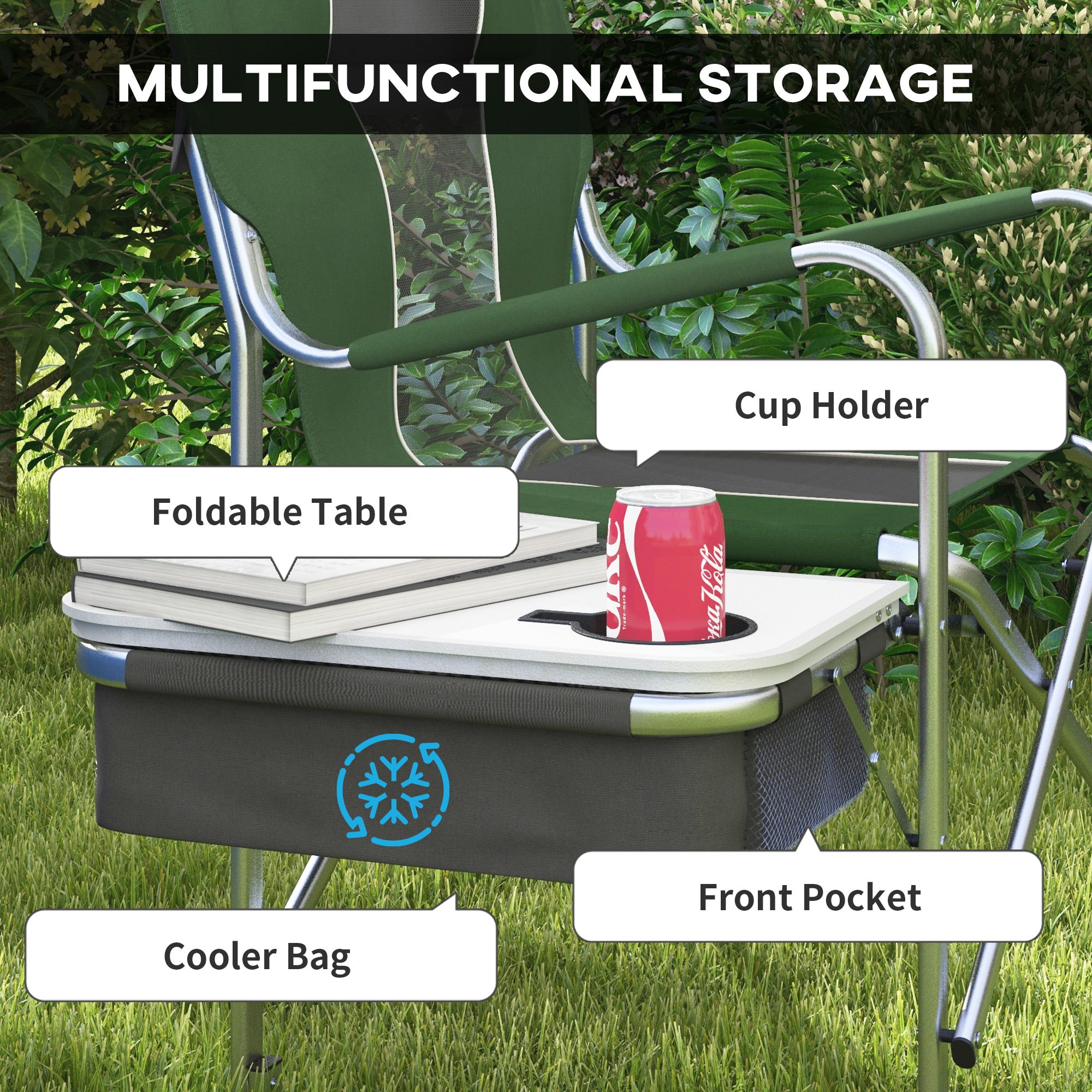 Outsunny Camping Director Chair for Adults, Aluminum Folding Camping Chair with Side Table, Cup Holder, Cooler Bag and Pocket, Grey