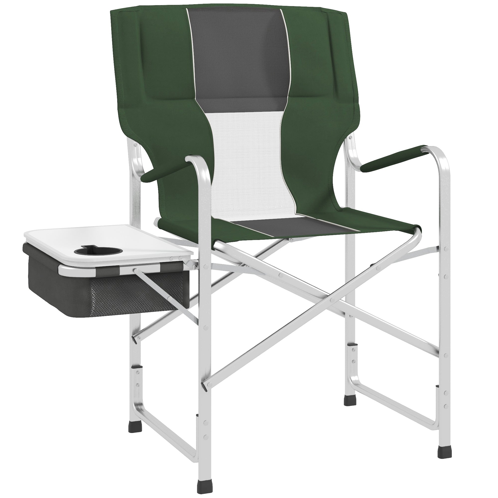 Outsunny Camping Director Chair for Adults, Aluminum Folding Camping Chair with Side Table, Cup Holder, Cooler Bag and Pocket, Grey