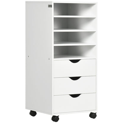 Vinsetto Vertical Filing Cabinet, Mobile File Cabinet on Wheels with 3 Drawers and 4 Open Shelves, Printer Stand with Lockable Casters for Home Office, White