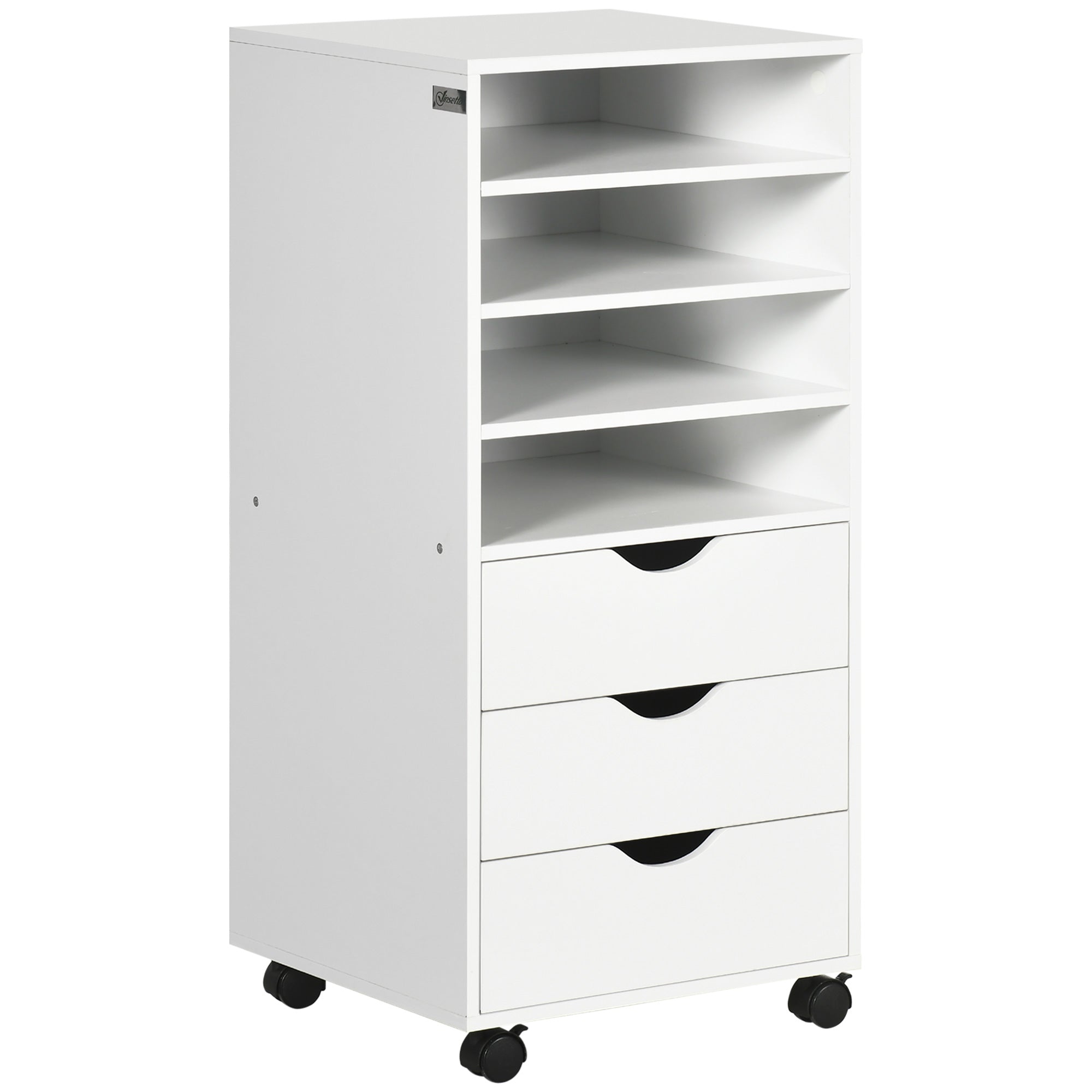Vinsetto Vertical Filing Cabinet, Mobile File Cabinet on Wheels with 3 Drawers and 4 Open Shelves, Printer Stand with Lockable Casters for Home Office, White