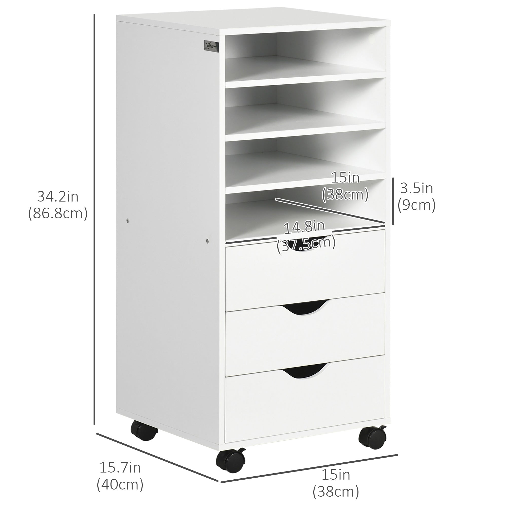 Vinsetto Vertical Filing Cabinet, Mobile File Cabinet on Wheels with 3 Drawers and 4 Open Shelves, Printer Stand with Lockable Casters for Home Office, White