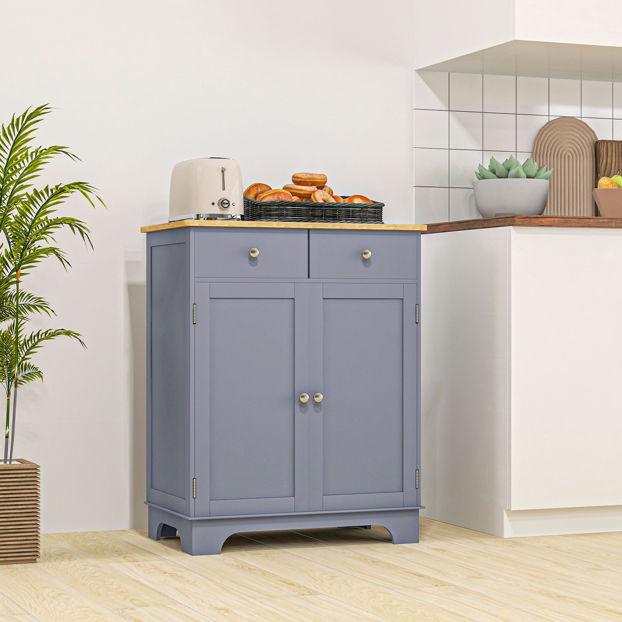 HOMCOM Sideboard Buffet Cabinet with Storage, 27" Kitchen Cabinet with Adjustable Shelf, 2 Drawers and 2 Doors, Coffee Bar Cabinet with Rubberwood Tabletop, Grey