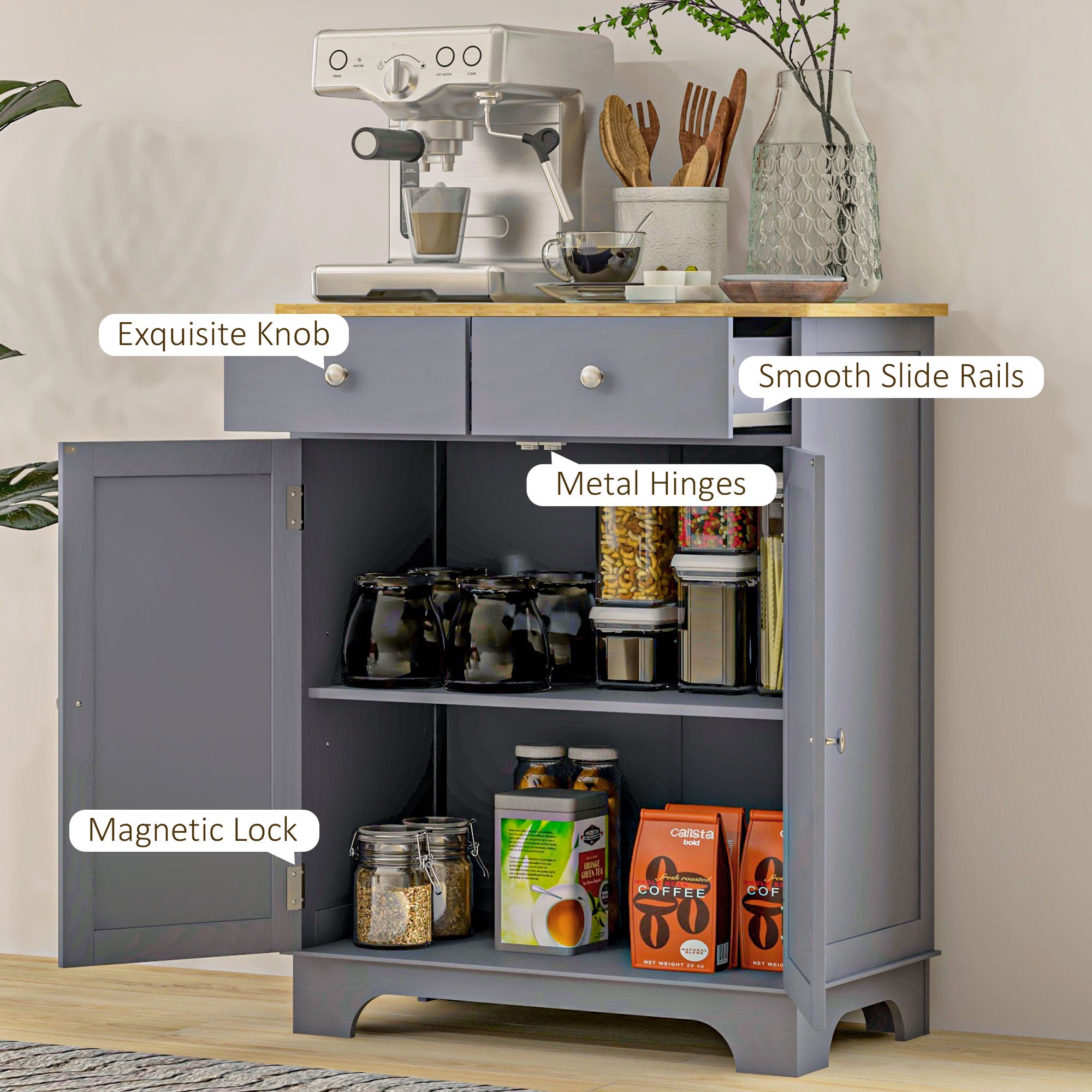 HOMCOM Sideboard Buffet Cabinet with Storage, 27" Kitchen Cabinet with Adjustable Shelf, 2 Drawers and 2 Doors, Coffee Bar Cabinet with Rubberwood Tabletop, Grey