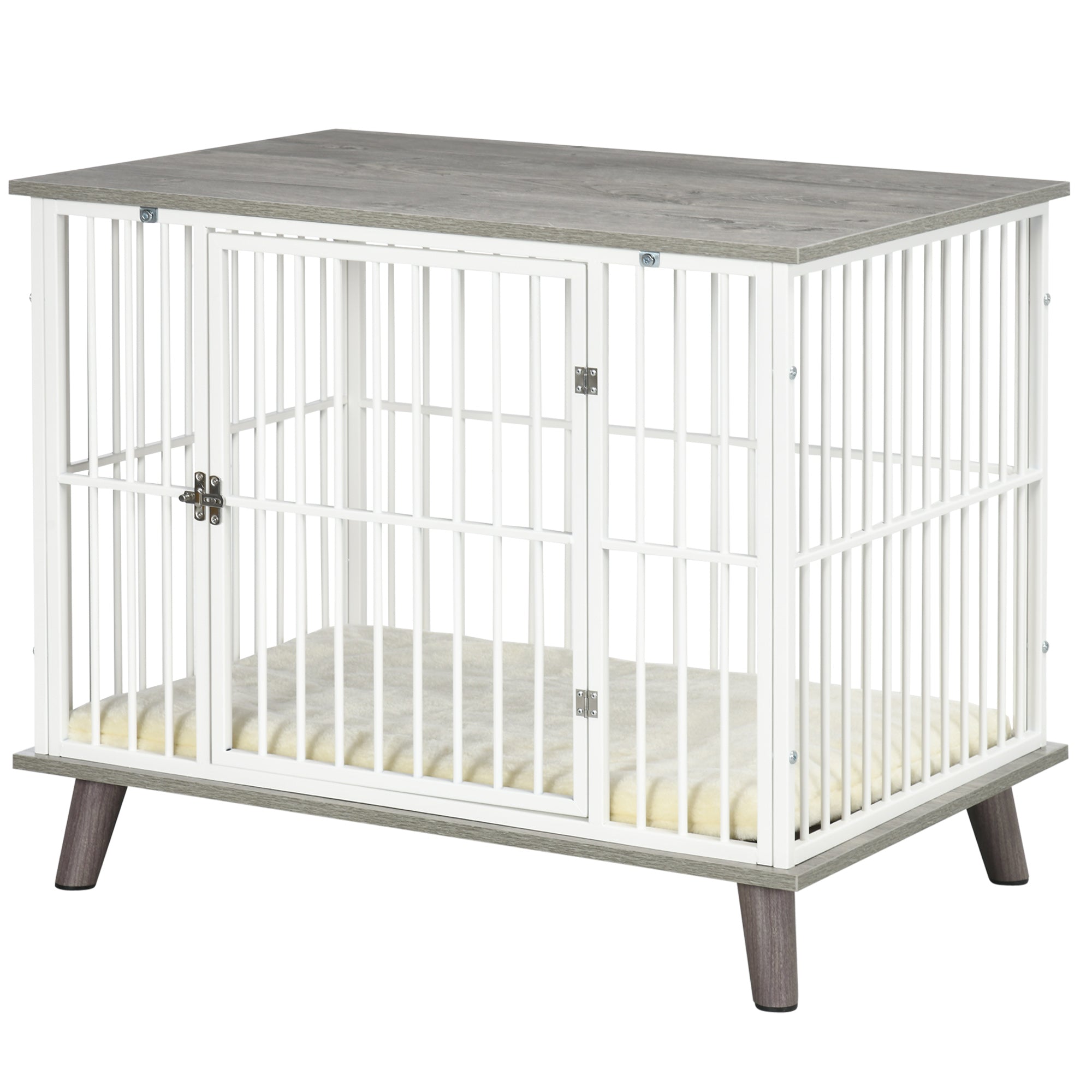 PawHut Dog Crate Furniture, Indoor Pet Kennel Cage, Top End Table w/ Soft Cushion, Lockable Door, for Small Dogs, 86 x 60 x 70 cm - Grey