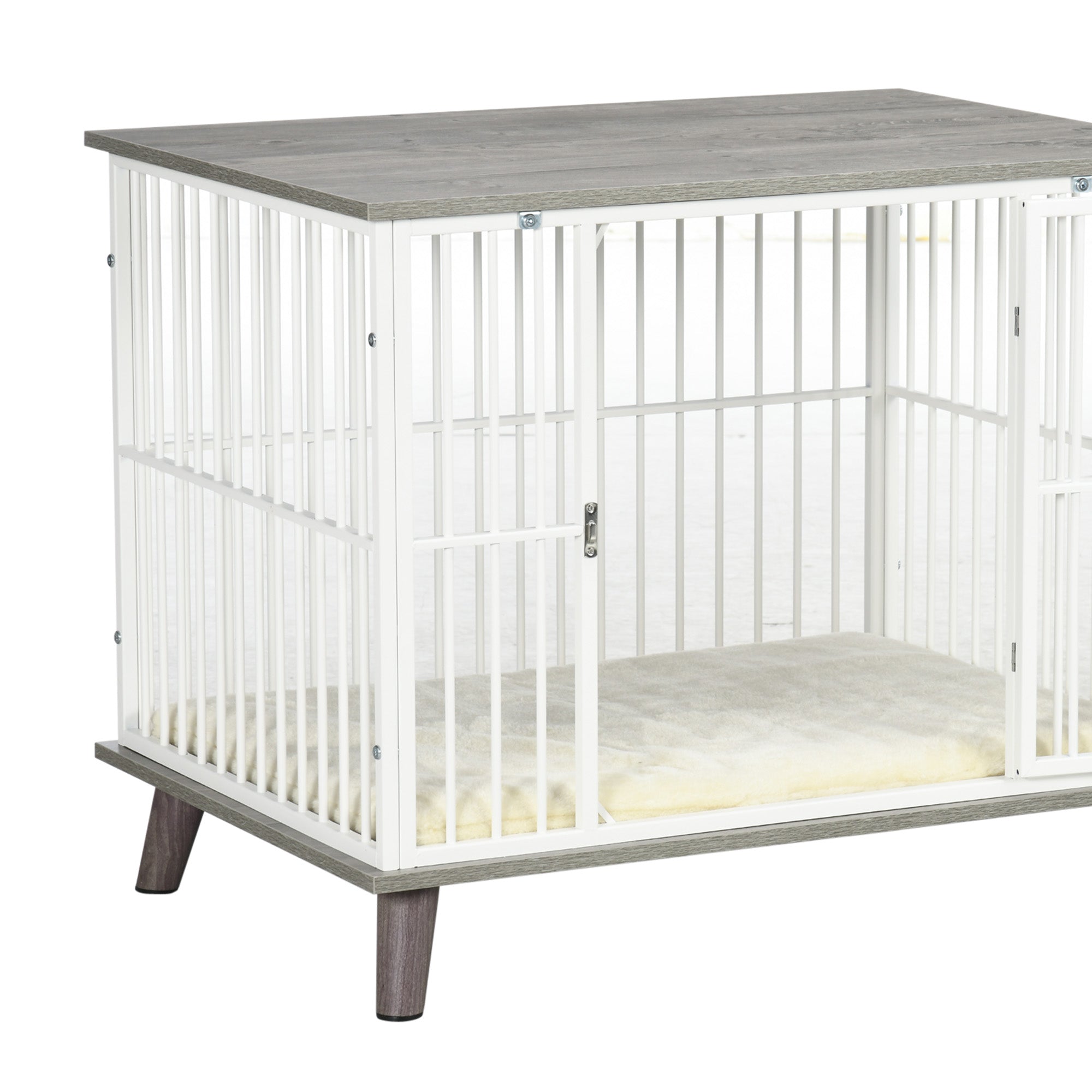 PawHut Dog Crate Furniture, Indoor Pet Kennel Cage, Top End Table w/ Soft Cushion, Lockable Door, for Small Dogs, 86 x 60 x 70 cm - Grey