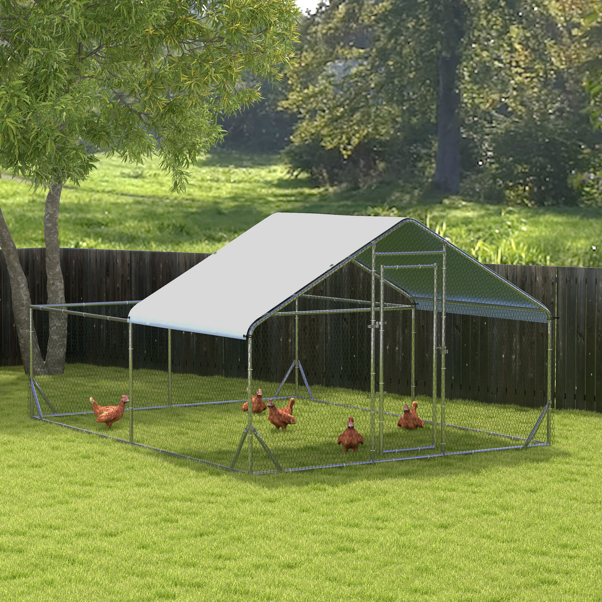 PawHut Walk In Chicken Run Chicken Coop Metal Large Hen House Outdoor for 10-12 Chickens with Cover, 4 x 3 x 2m, Silver
